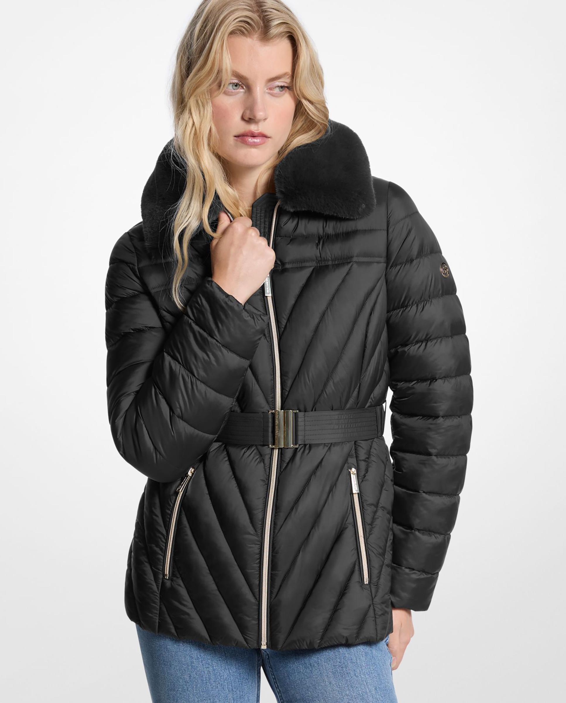 Imagem 0 de Casaco Acolchoado Dobrável de Nylon com Debrum de Pele Sintética