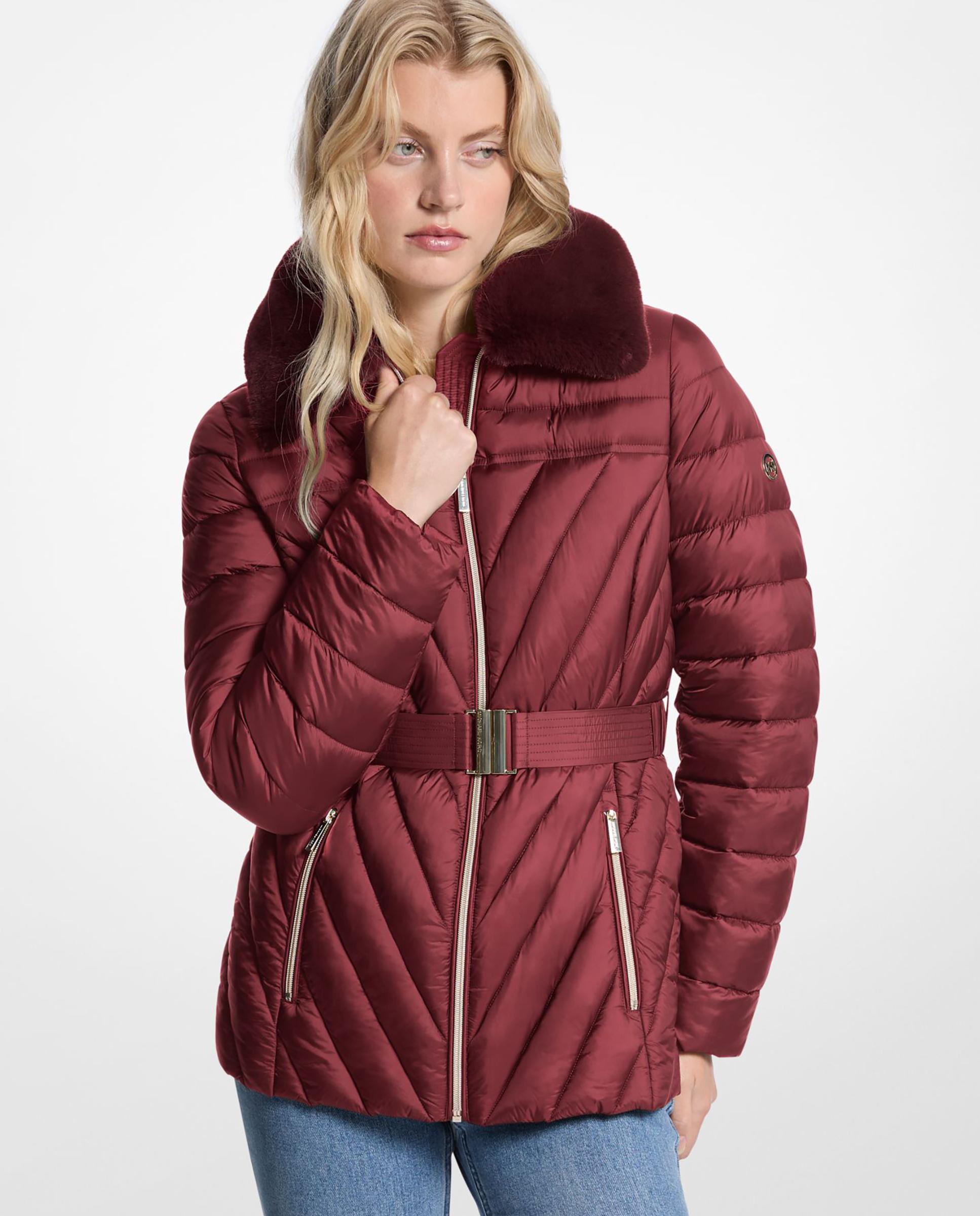 Imagem 0 de Casaco Acolchoado Dobrável de Nylon com Debrum de Pele Sintética