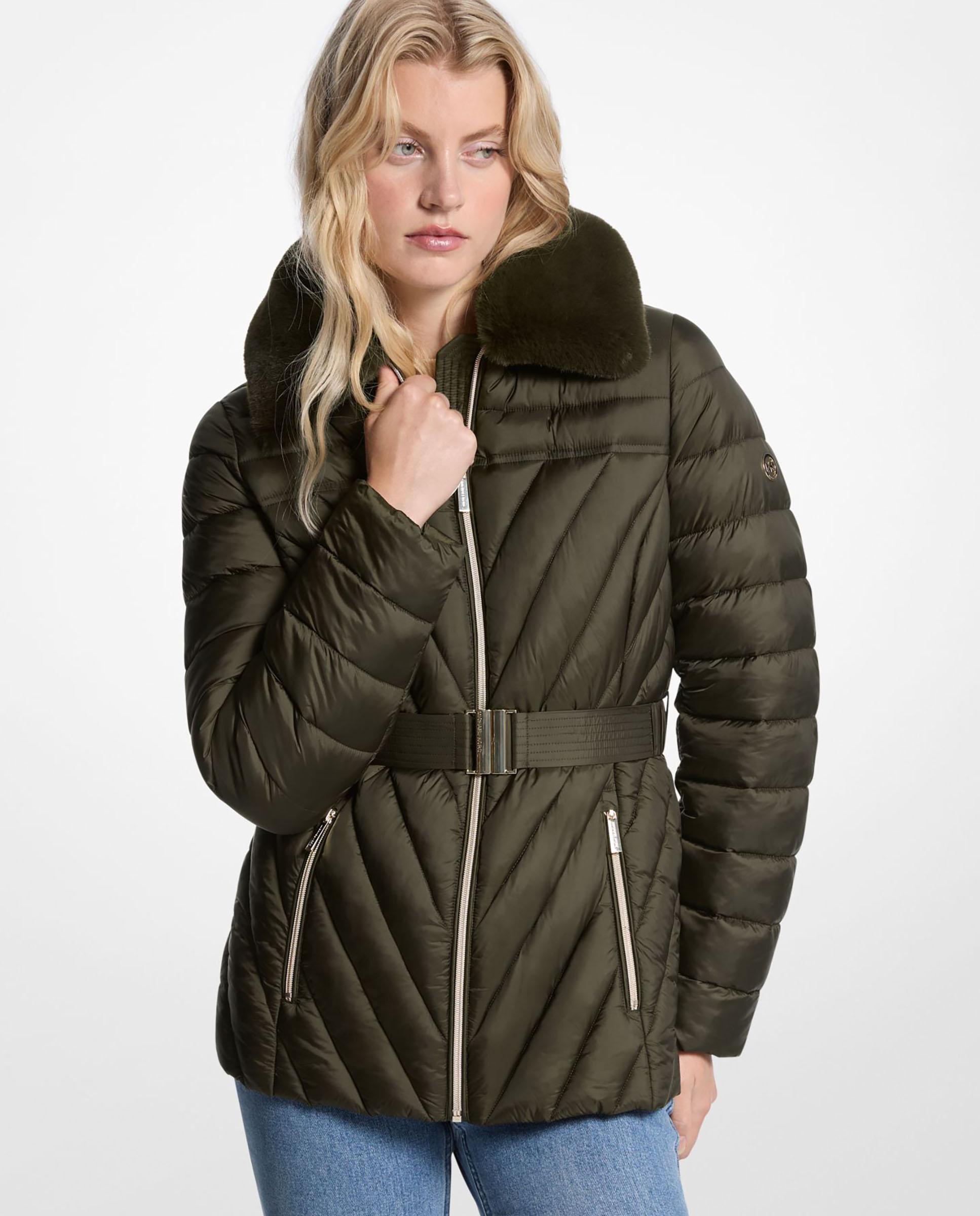 Imagem 0 de Casaco Acolchoado Dobrável de Nylon com Debrum de Pele Sintética