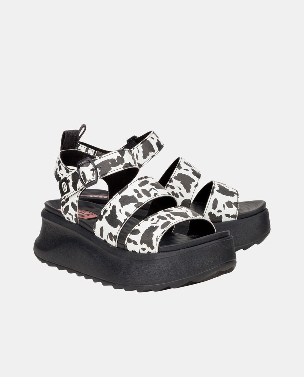 Sandálias de Plataforma com Estampado Animal Branco / Preto-2