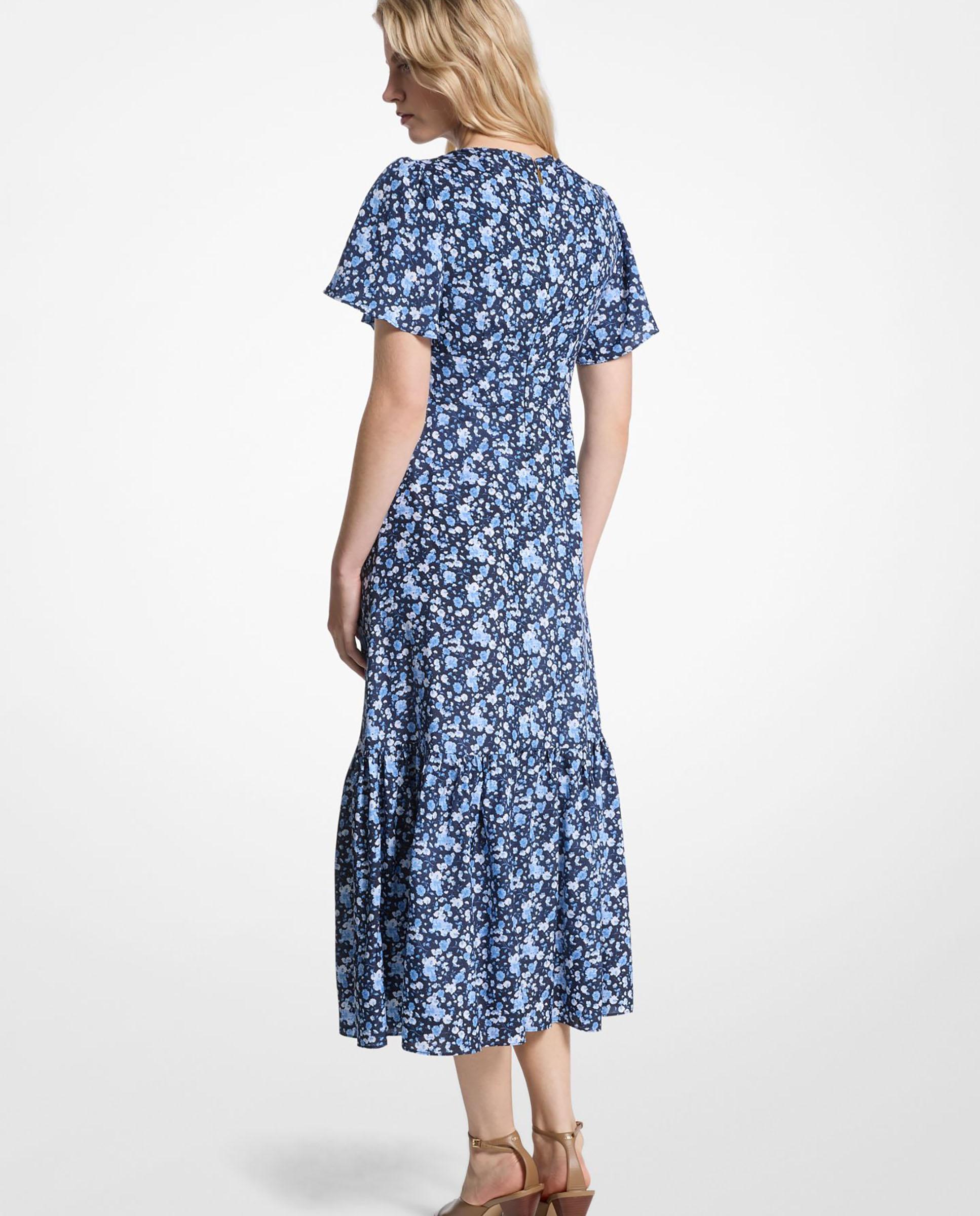 Vestido Midi com Estampado Floral e Detalhe de Laçada na Gola Azul-marinho-2