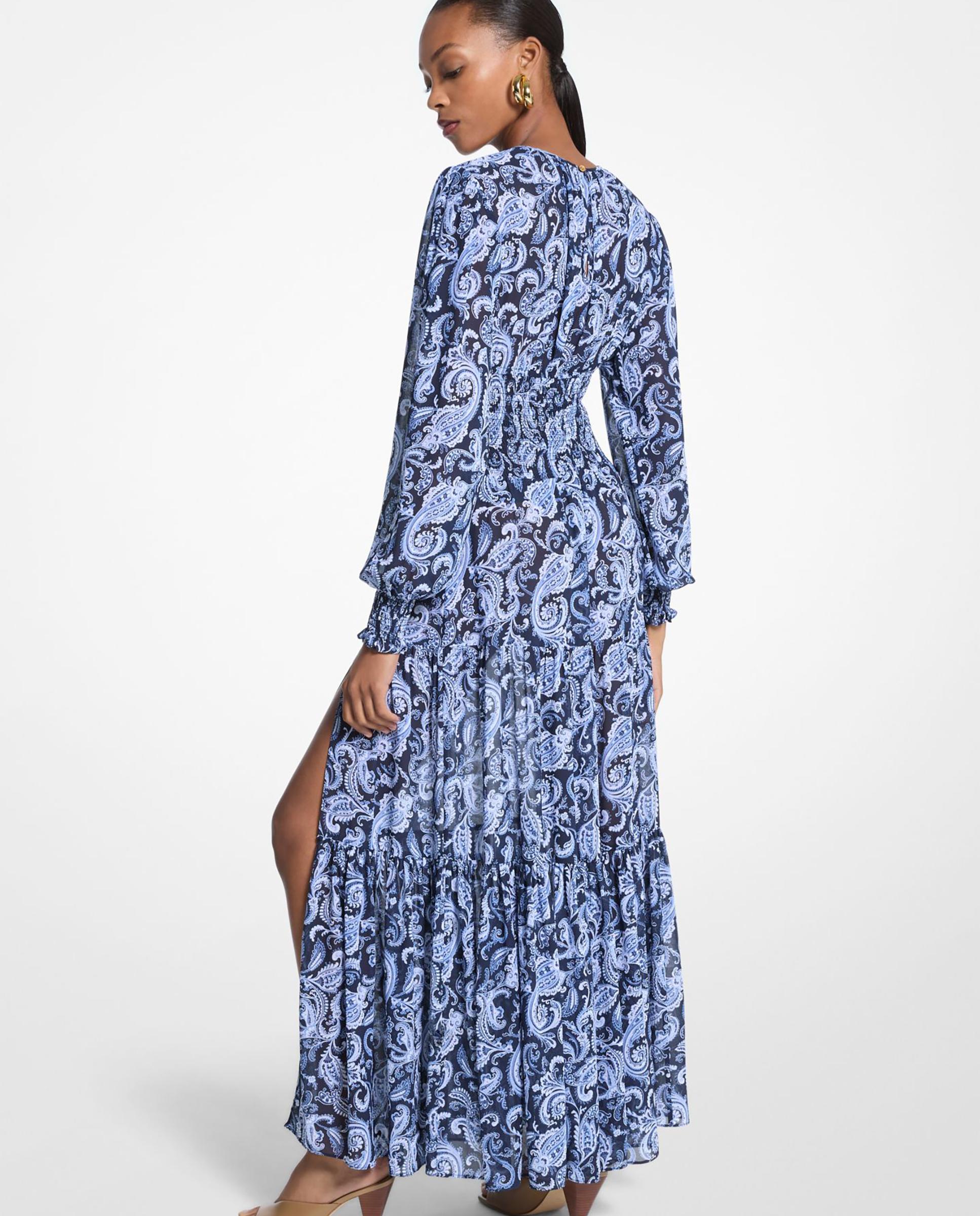 Vestido Comprido de Georgette com Franzido na Cintura Azul claro / azul marinho-2