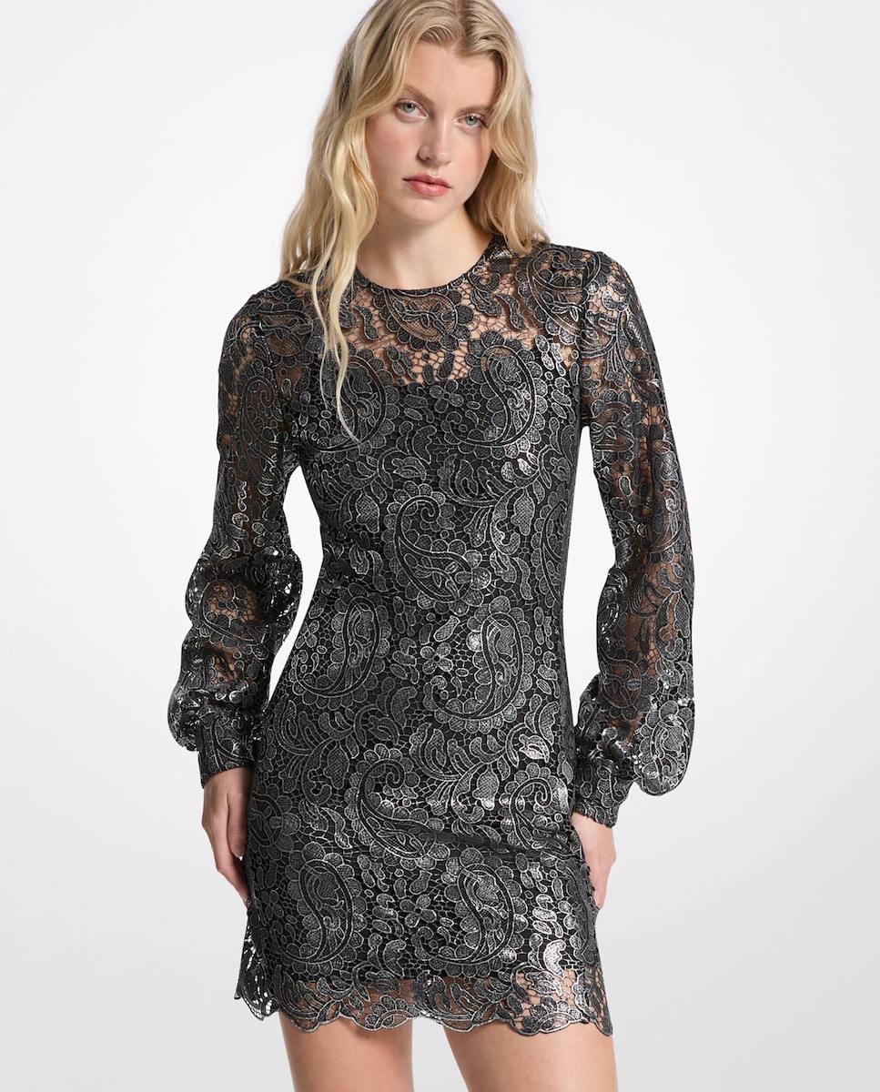 Vestido Curto de Renda com Mangas Abalonadas Cinzento quartzo metalizado-1