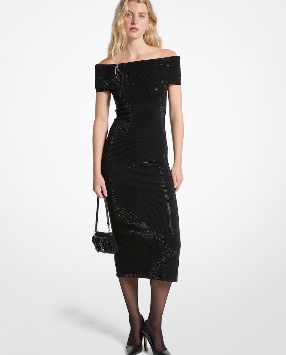 Vestido Midi de Malha Elástica com Ombros Descobertos Preto-1