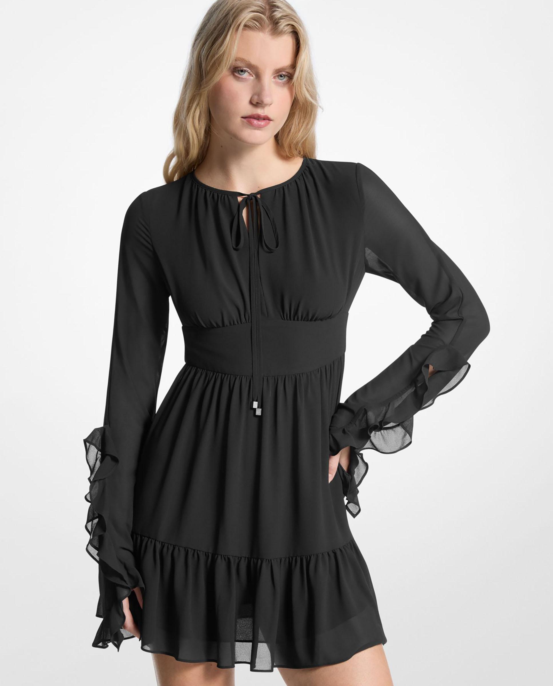 Imagem 0 de Vestido Curto de Georgette com Mangas com Folhos