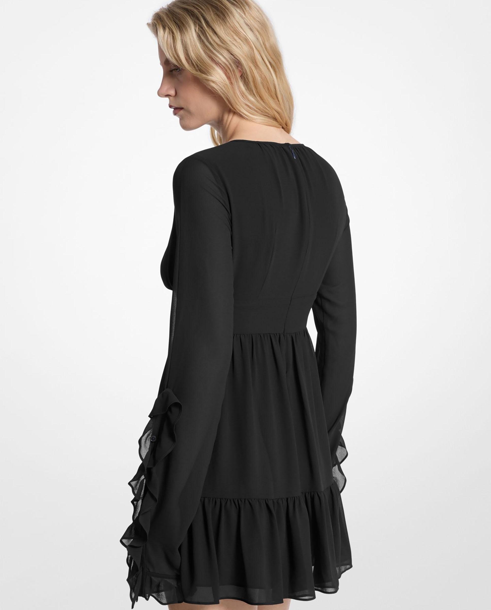 Vestido Curto de Georgette com Mangas com Folhos Preto-2