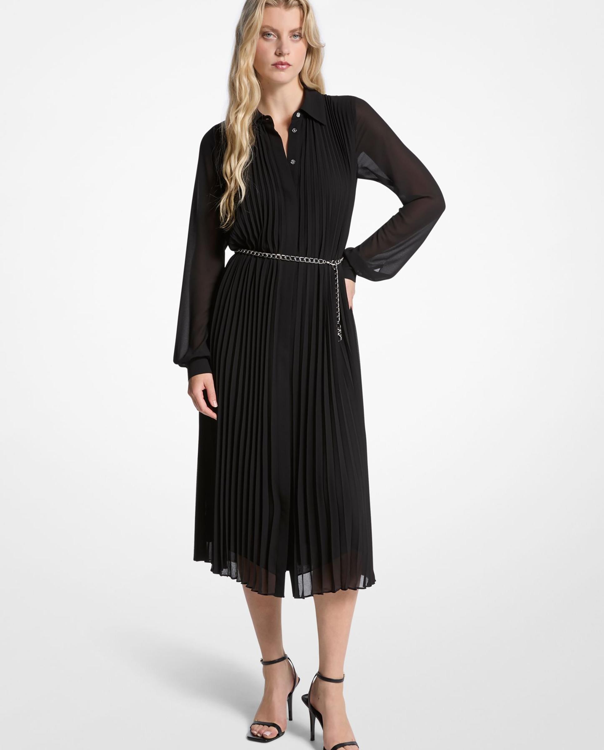 Imagem 0 de Vestido Tipo Camisa Plissado de Georgette