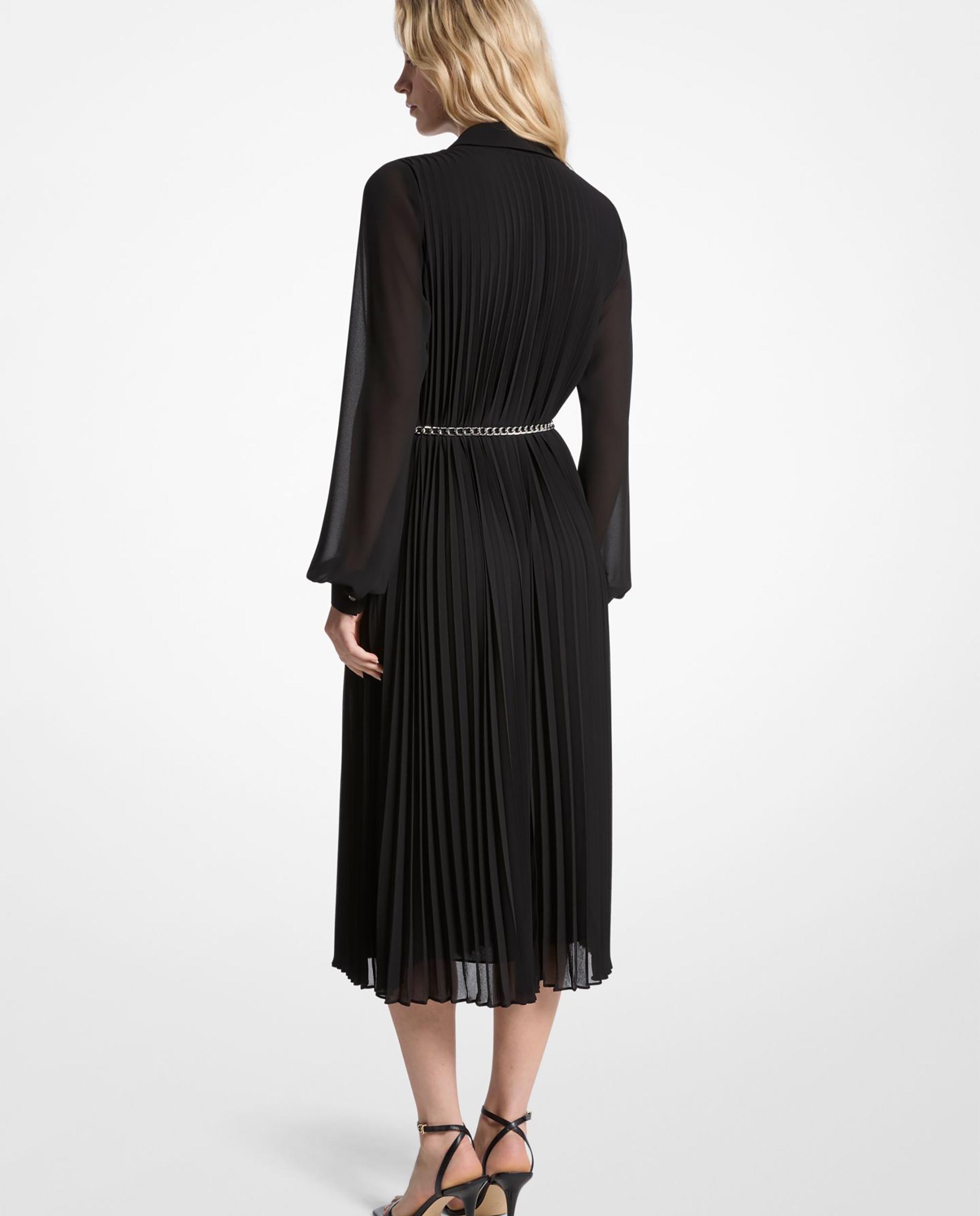 Vestido Midi com Saia Plissada e Manga Abalonada Preto-2