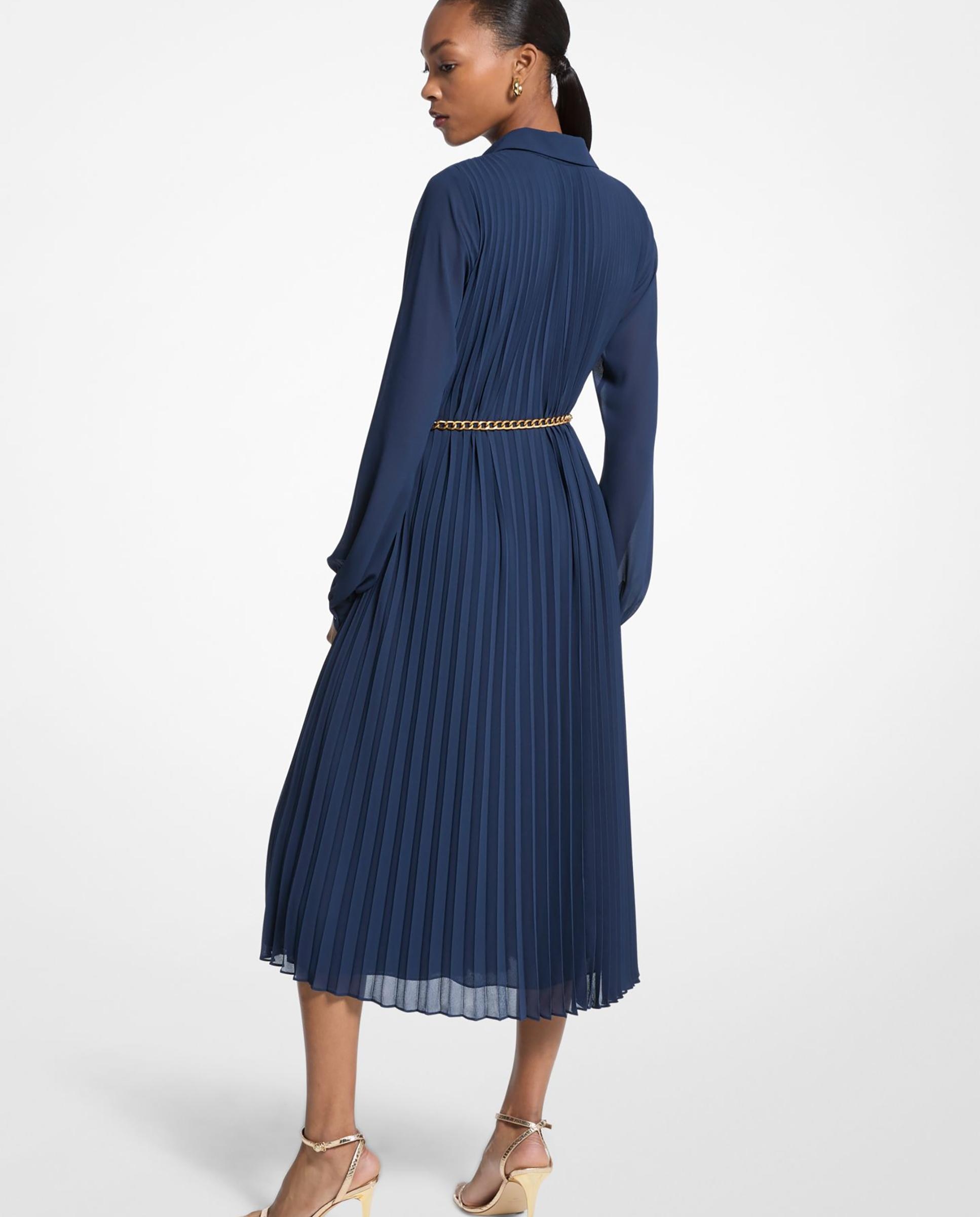 Vestido Midi com Saia Plissada e Manga Abalonada Azul-marinho-2
