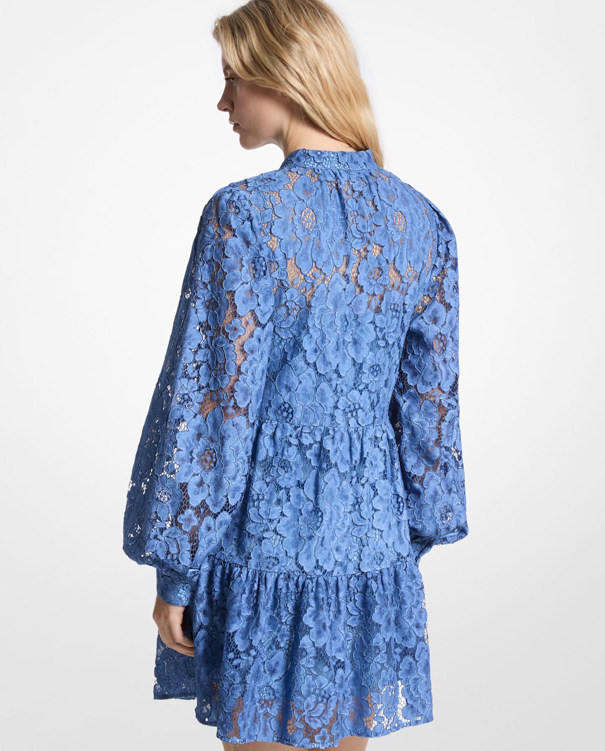 Vestido Curto de Renda com Mangas Abalonadas Azul-2