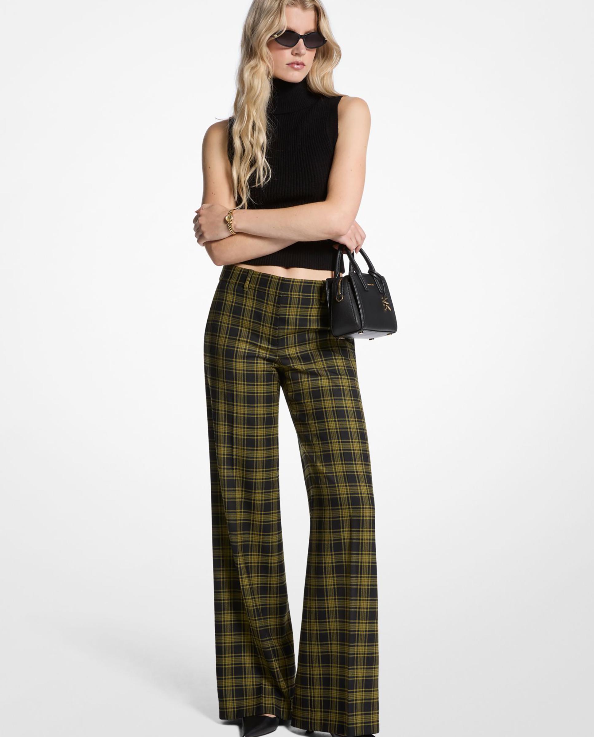 Pantalón ancho de mujer de lana elástica de cuadros Preto / Verde-1