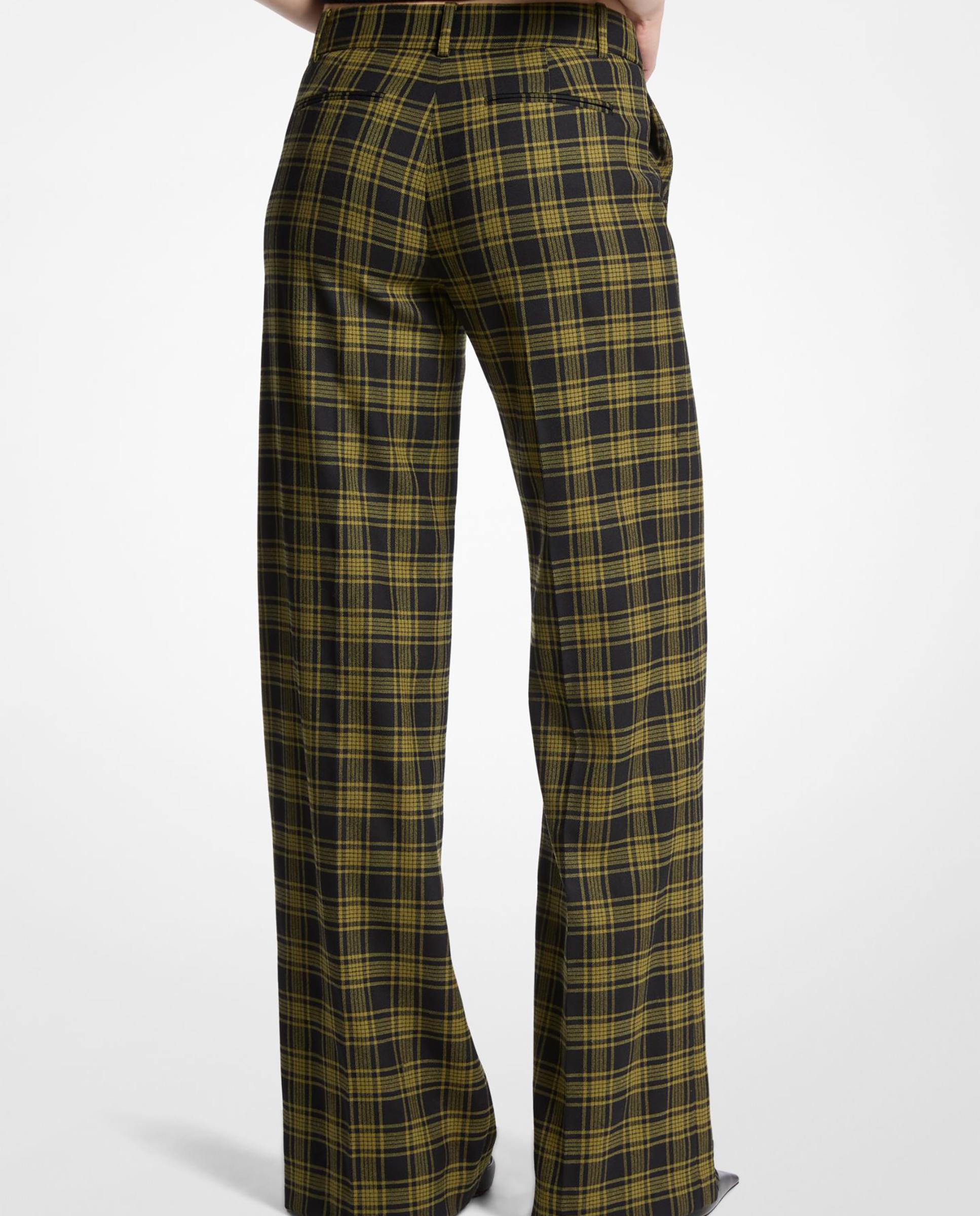 Pantalón ancho de mujer de lana elástica de cuadros Preto / Verde-2