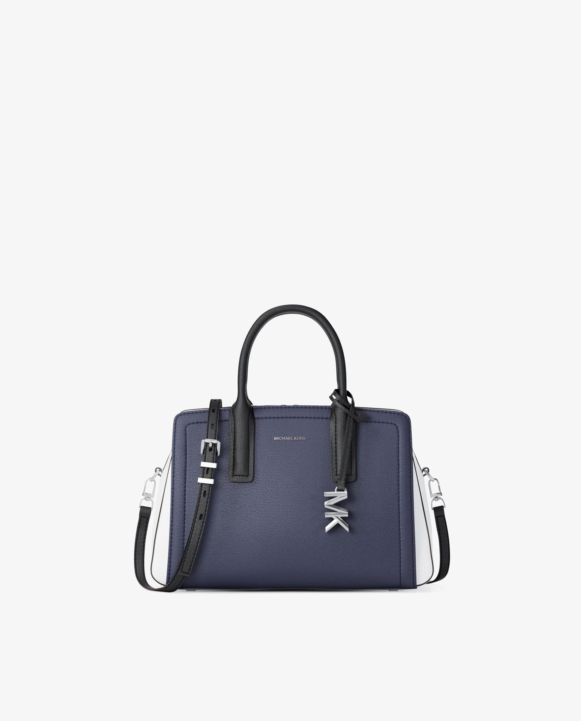 Mala a Tiracolo Satchel Laila Pequena de Pele com Bloque de Cor Azul / Preto-1