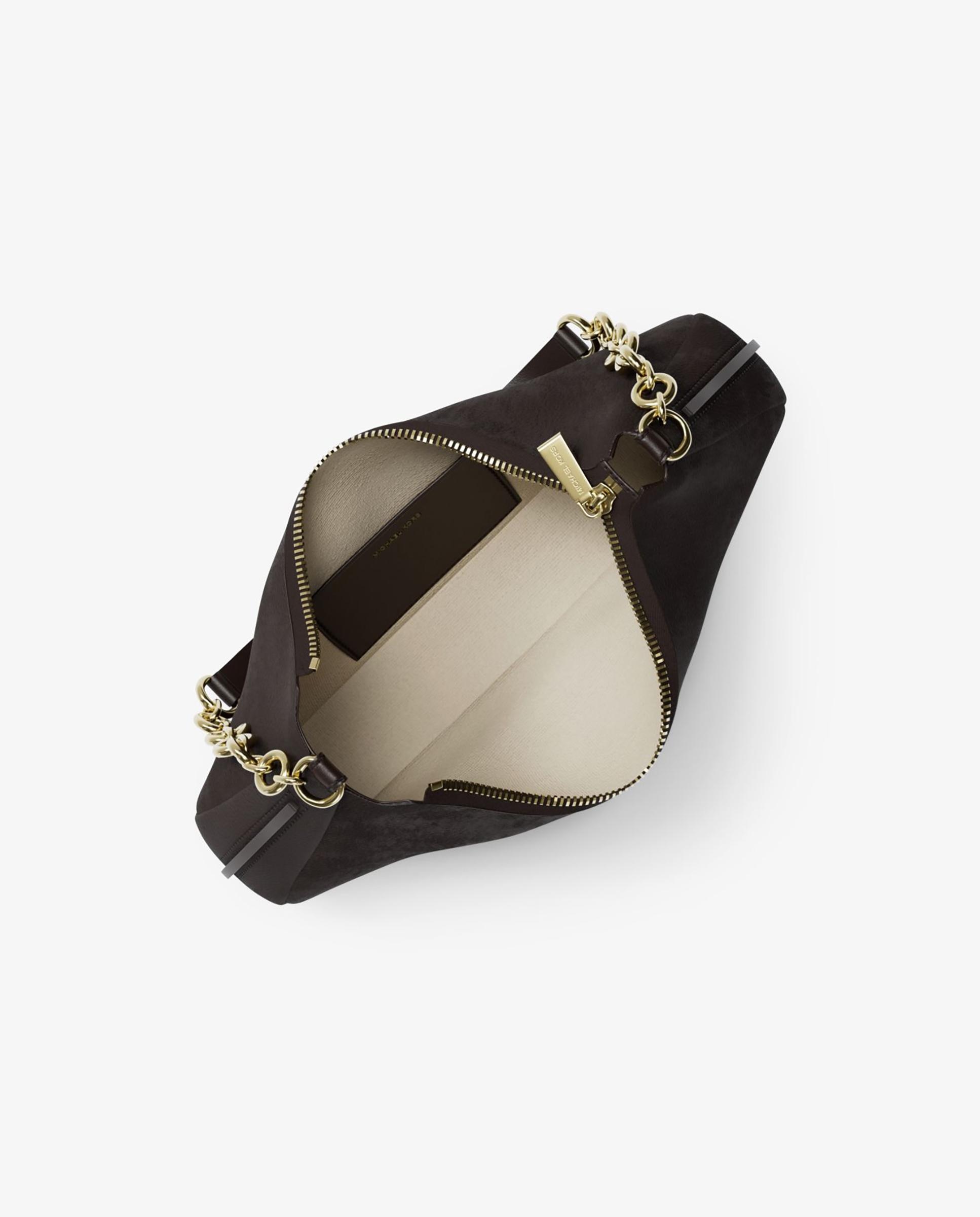 Mala de Ombro Pochette Nolita Média de Nobuck com Corrente Castanho-chocolate-2
