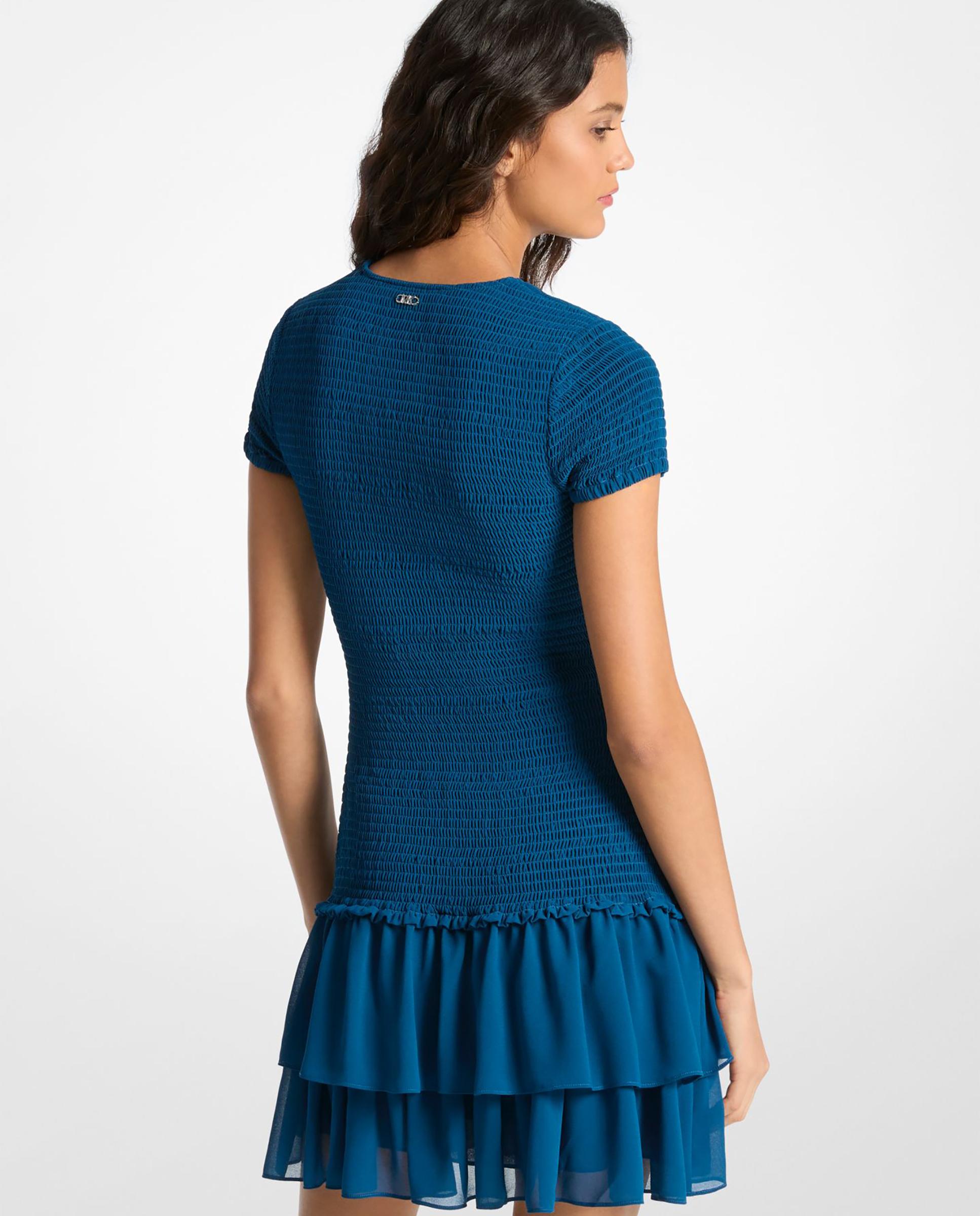 Vestido Curto de Georgette Franzido com Folhos Petróleo-2