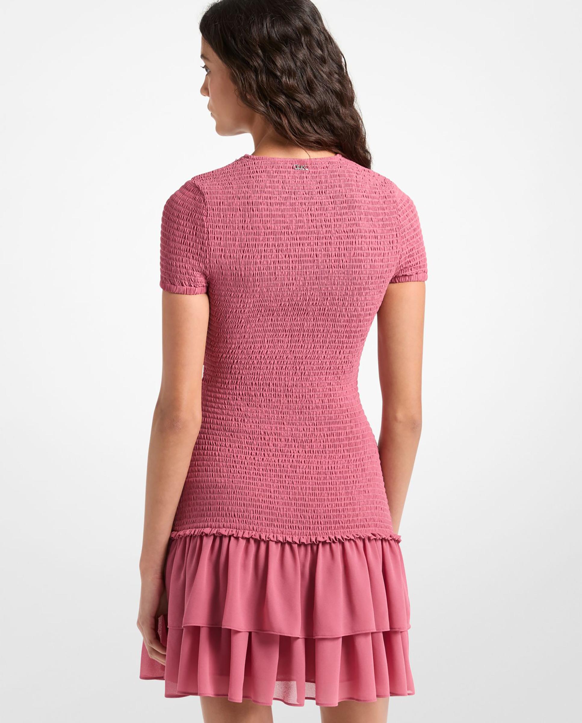 Vestido Curto de Georgette Franzido com Folhos Rosa-2