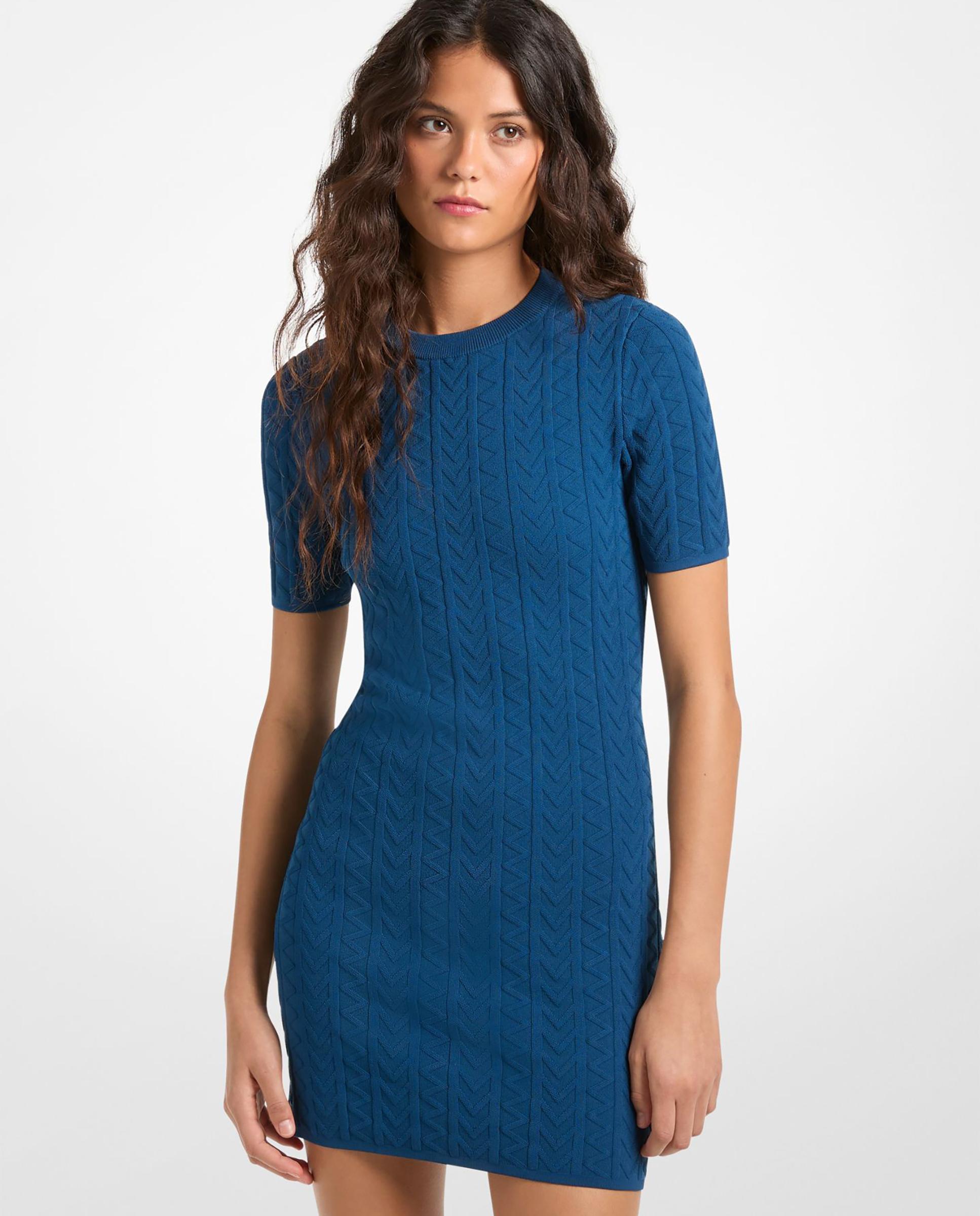 Vestido Curto de Malha Entrançada de Jacquard com Logotipo em Relevo Esmeralda Azul-1