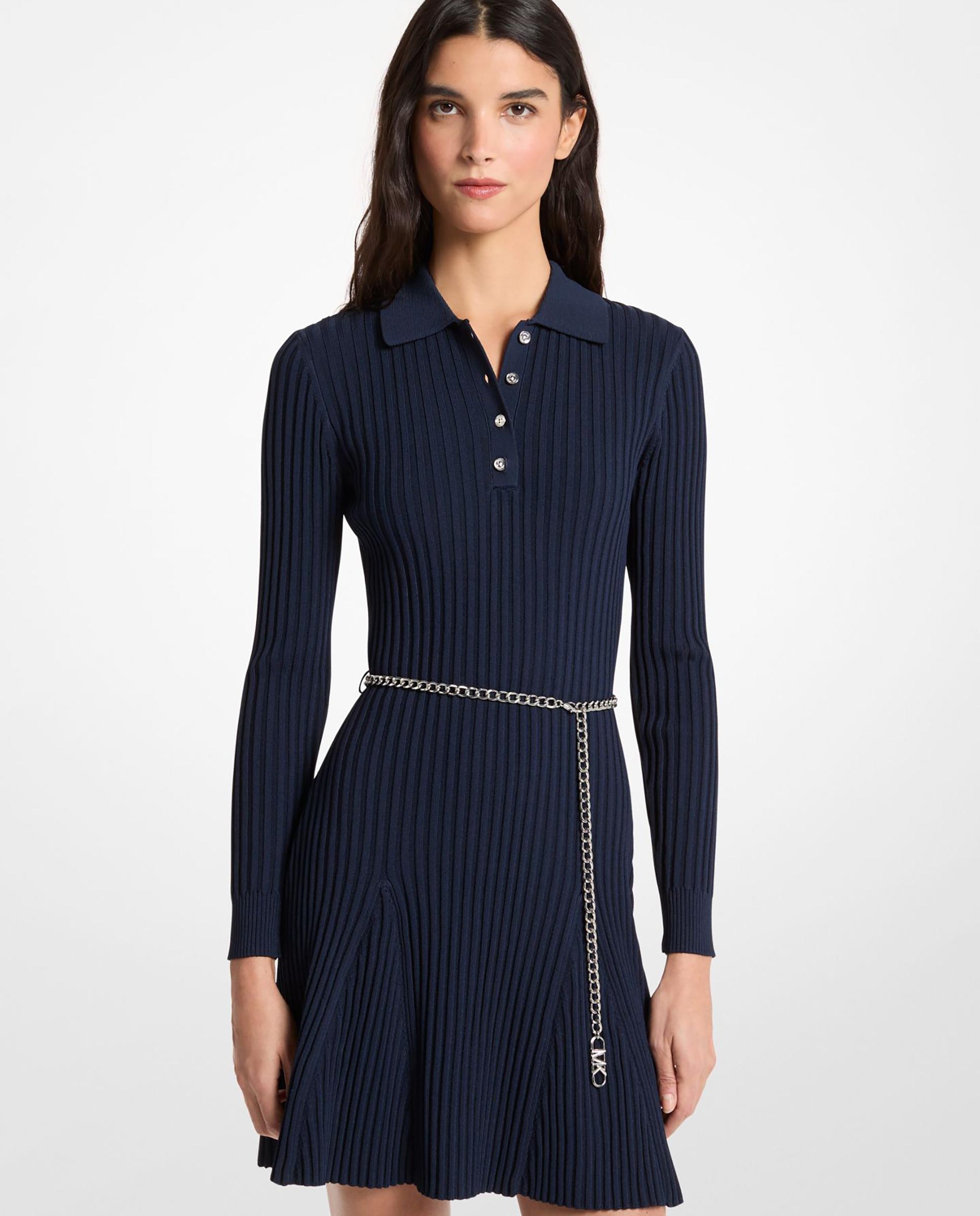 Imagem 0 de Vestido Curto Tipo Polo Canelado de Viscose com Cinto