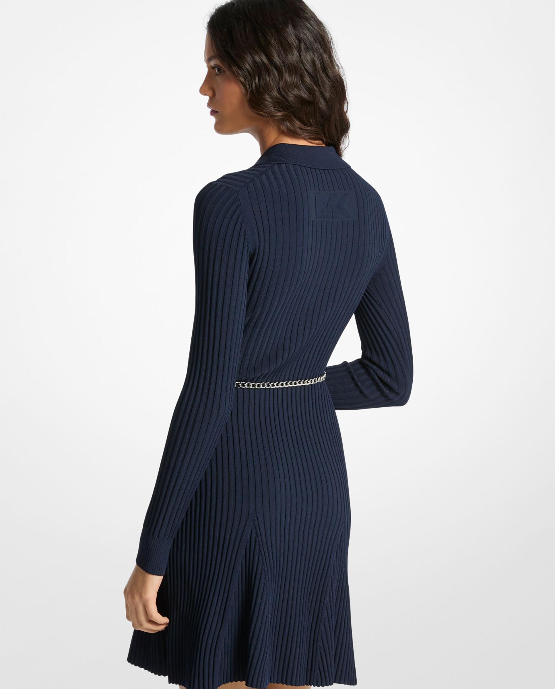 Vestido Curto Tipo Polo Canelado com Cinto Azul-marinho-2