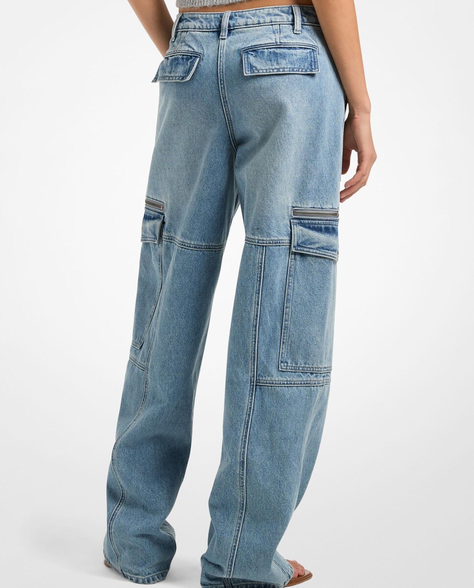 Jeans Largo Estilo Cargo Multibolsos de Denim Índigo-2