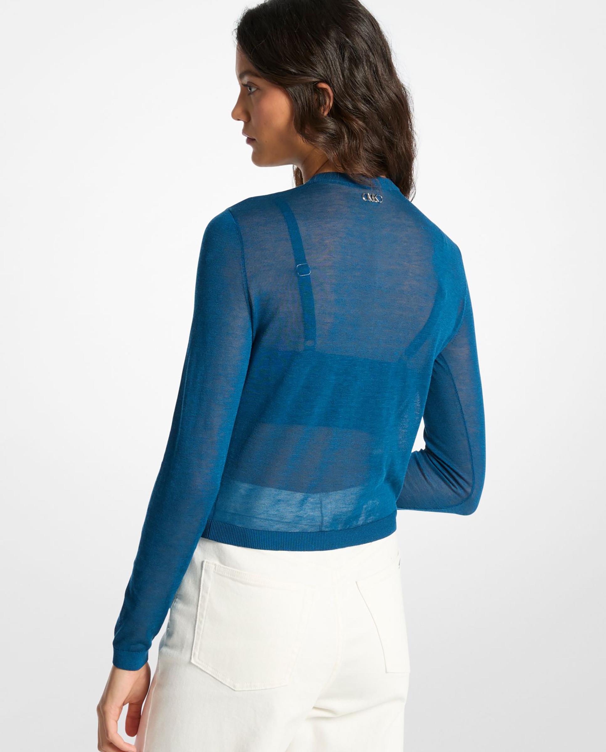 Cardigan Semitransparente de Manga Comprida Esmeralda Azul-2
