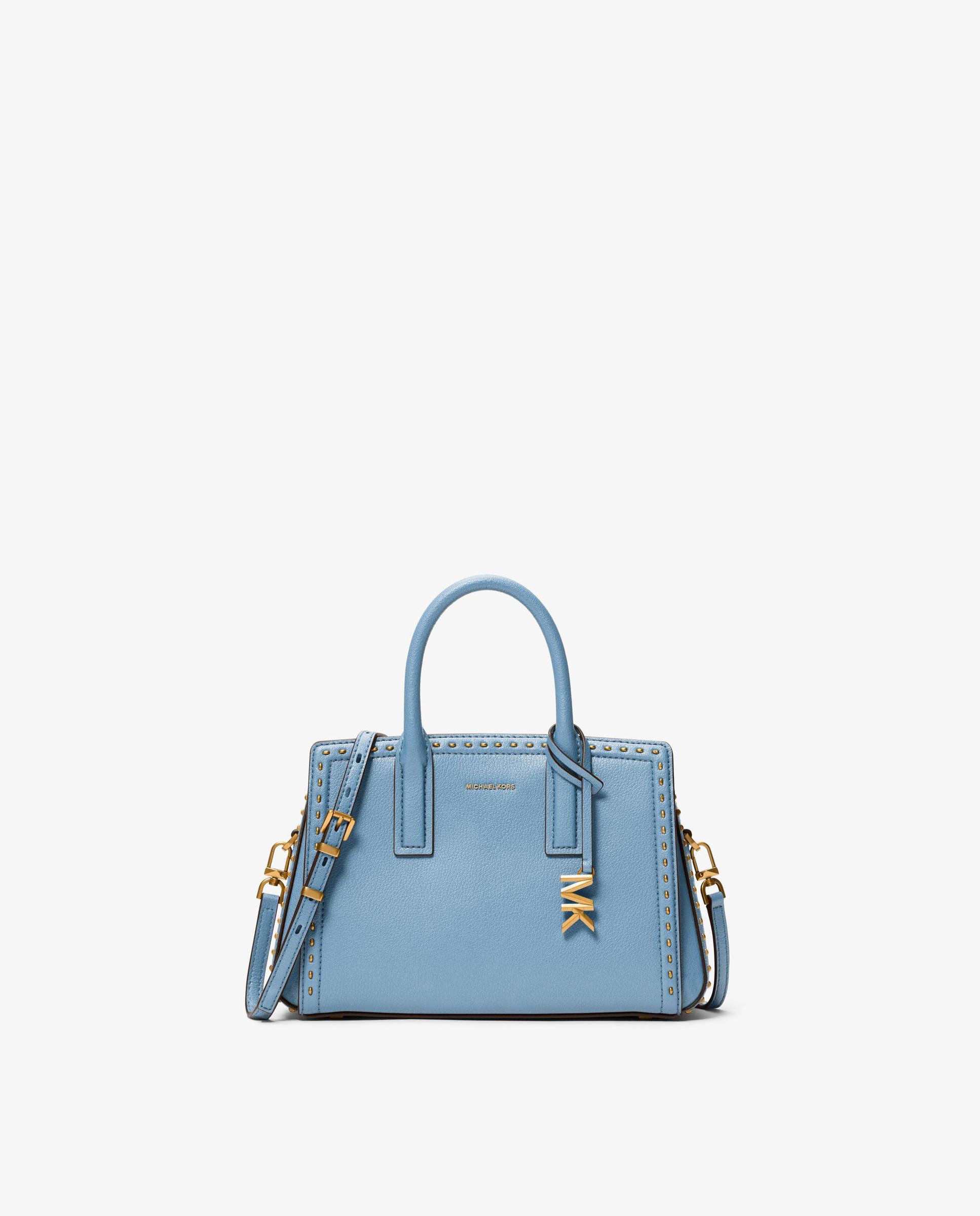 Mala a Tiracolo Laila Pequena de Pele com Tachas Azul-claro-1