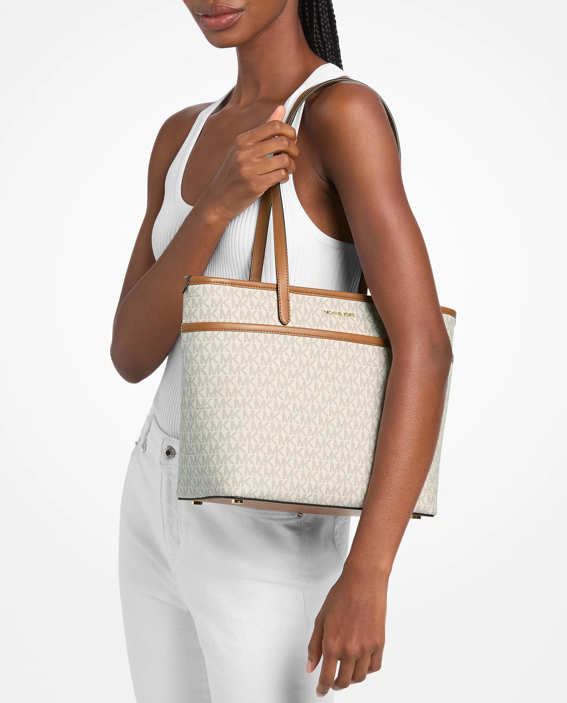 Mala Shopper Tote Marlowe Média com Logotipo e Bolso Marfim-3
