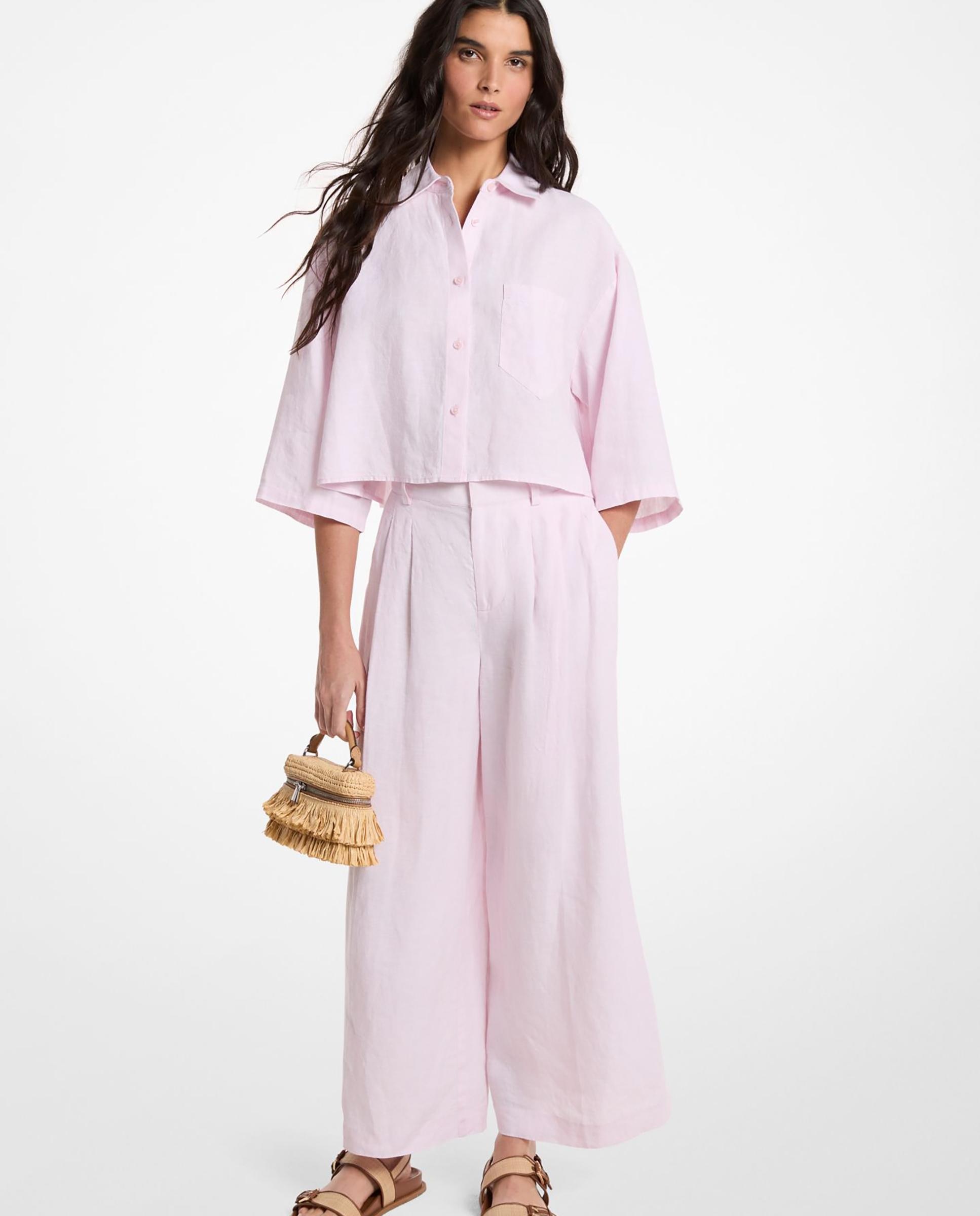 Pantalón ancho de mujer plisado de lino Rosa-claro-1
