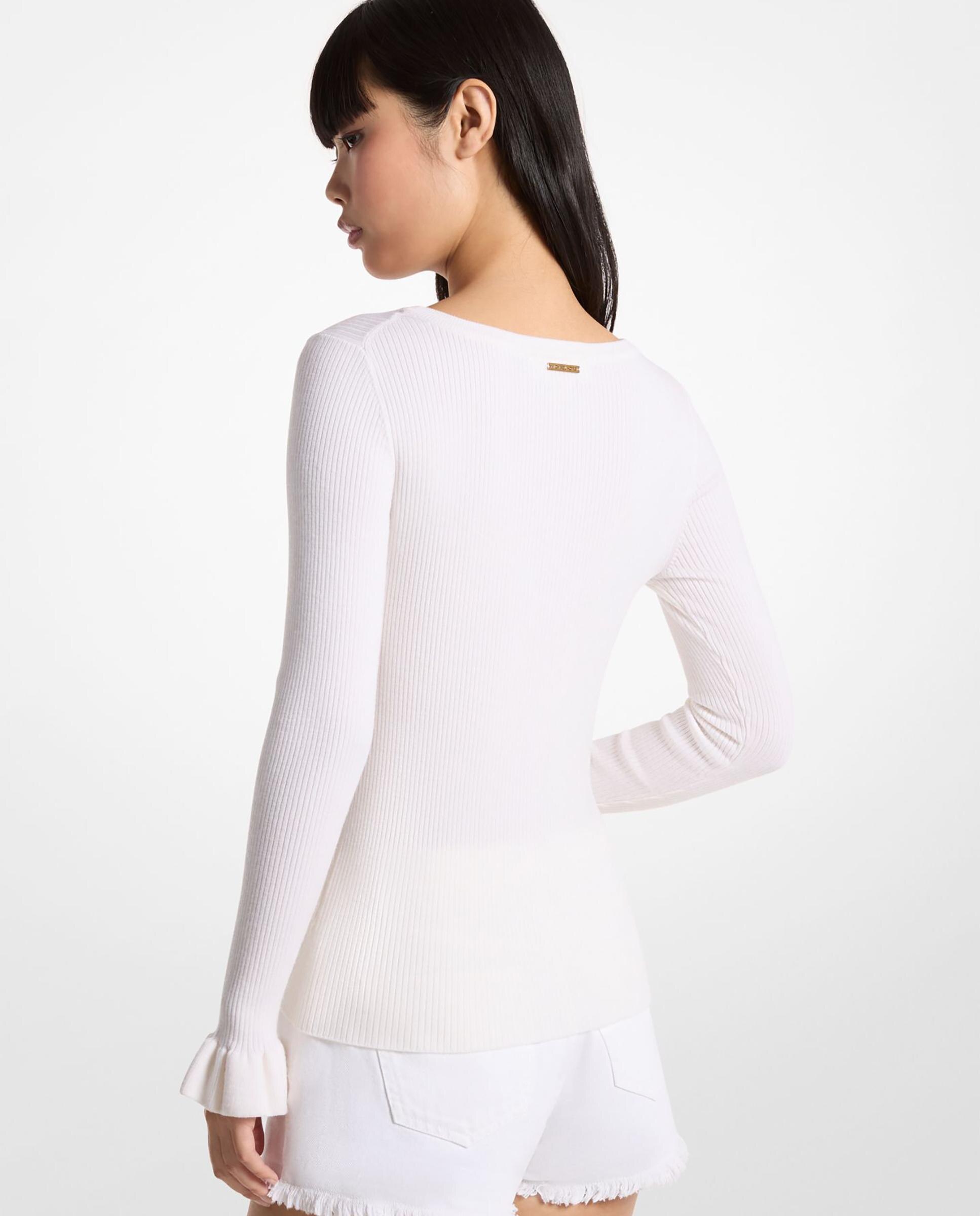 Camisola Canelada de Mescla de Lã com Gola em V Branco-2