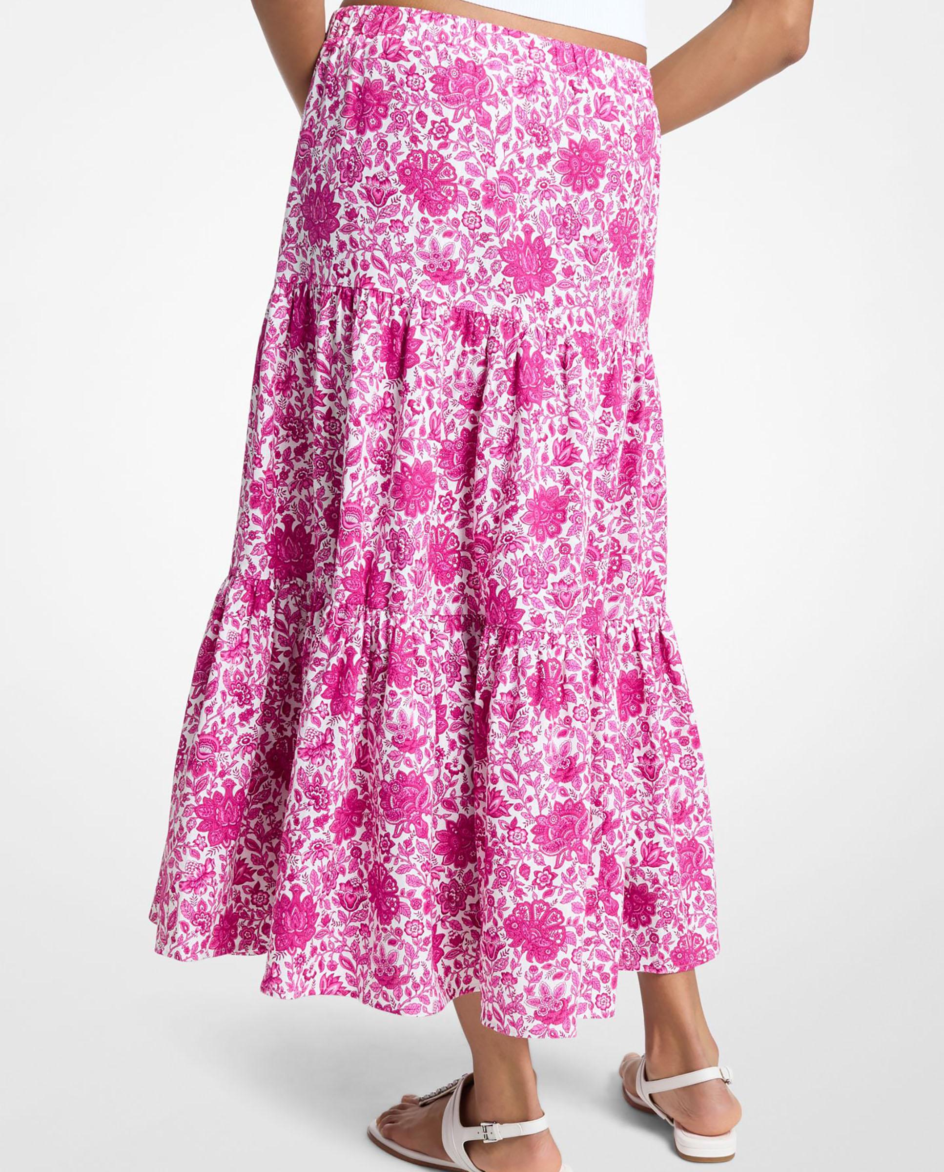 Saia Midi de Linho com Estampado Floral Fúcsia / Branco-2