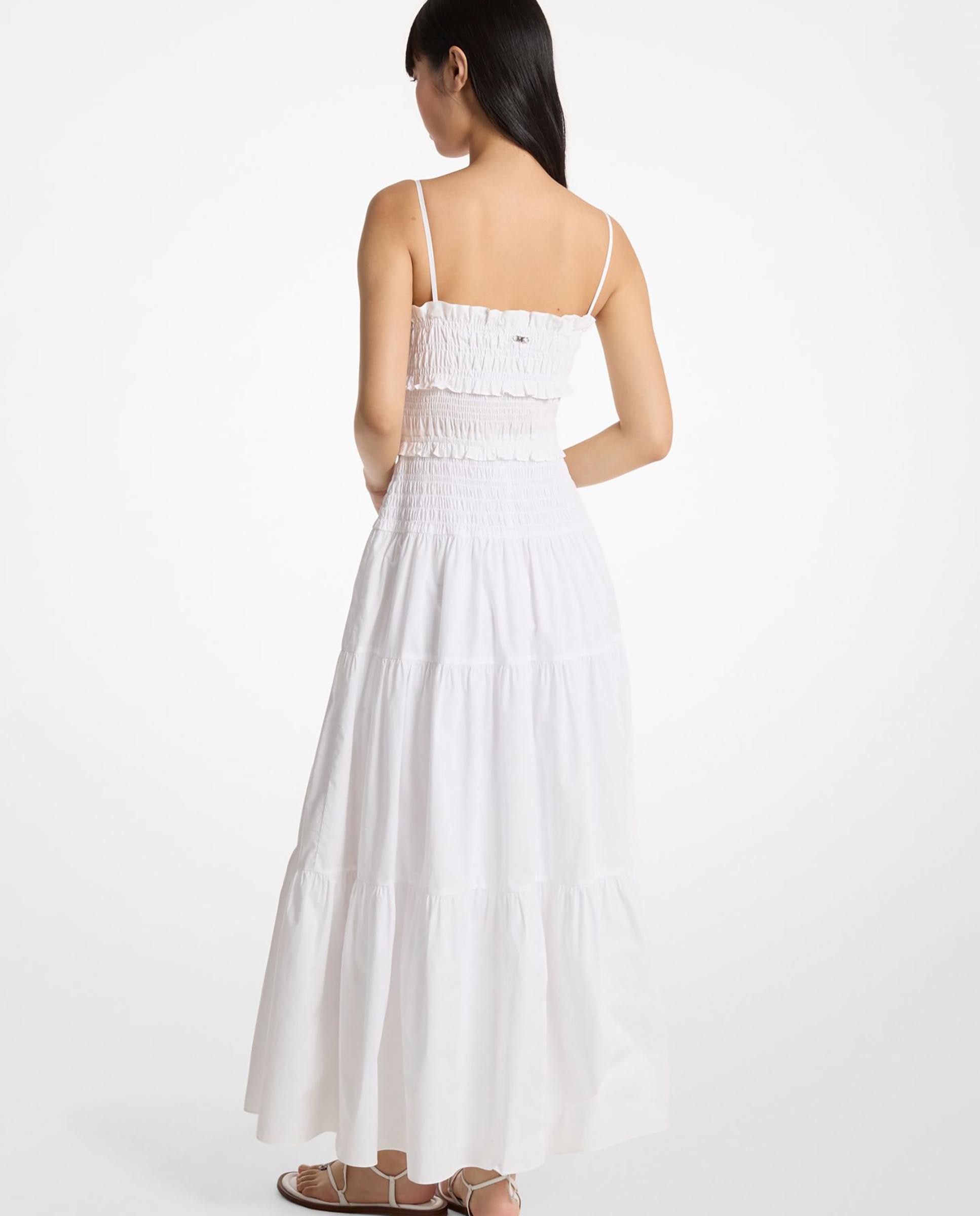 Vestido largo fruncido de popelina de algodón Branco-2