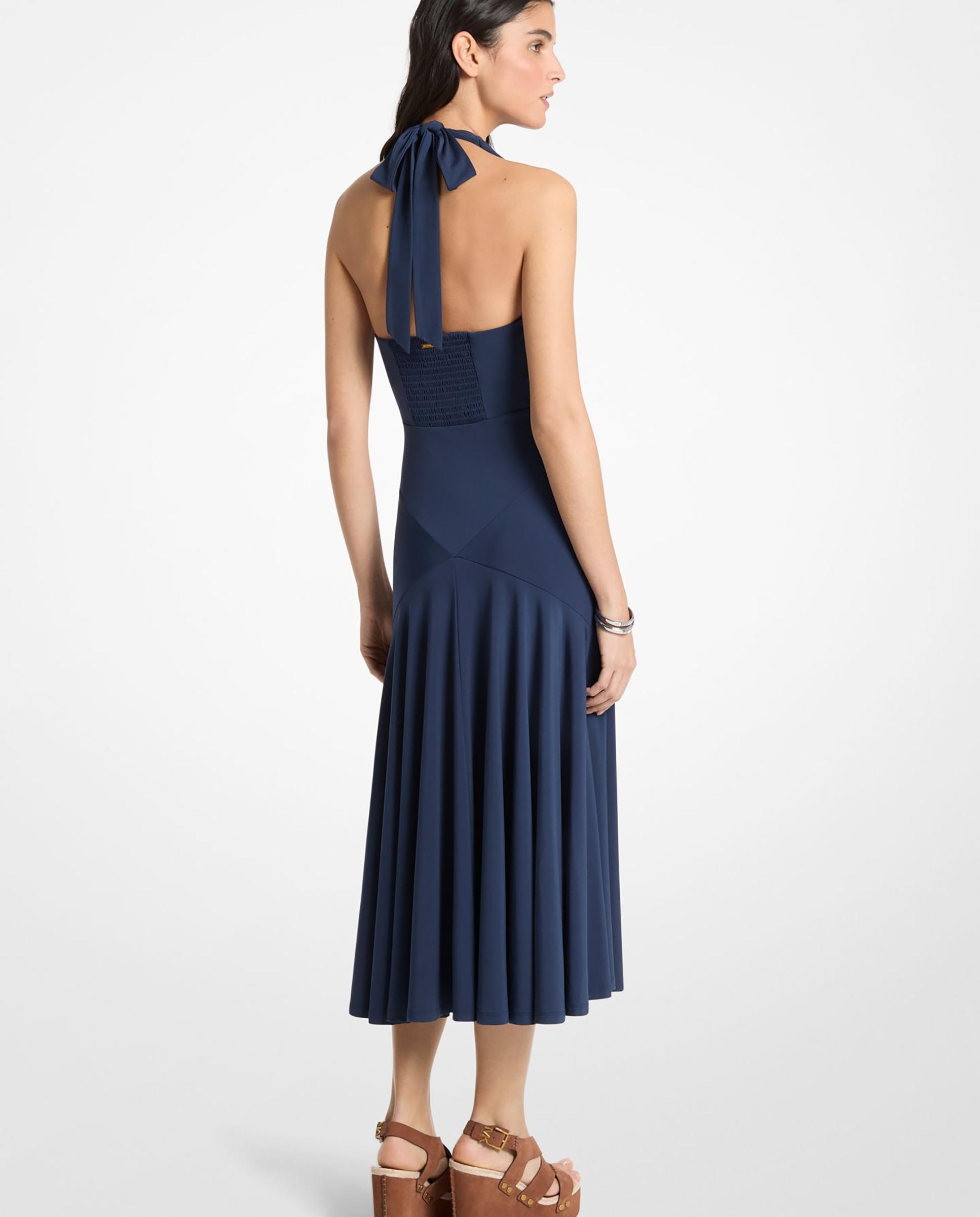 Vestido Midi de Malha Elástica com Gola Halter Azul-marinho-2