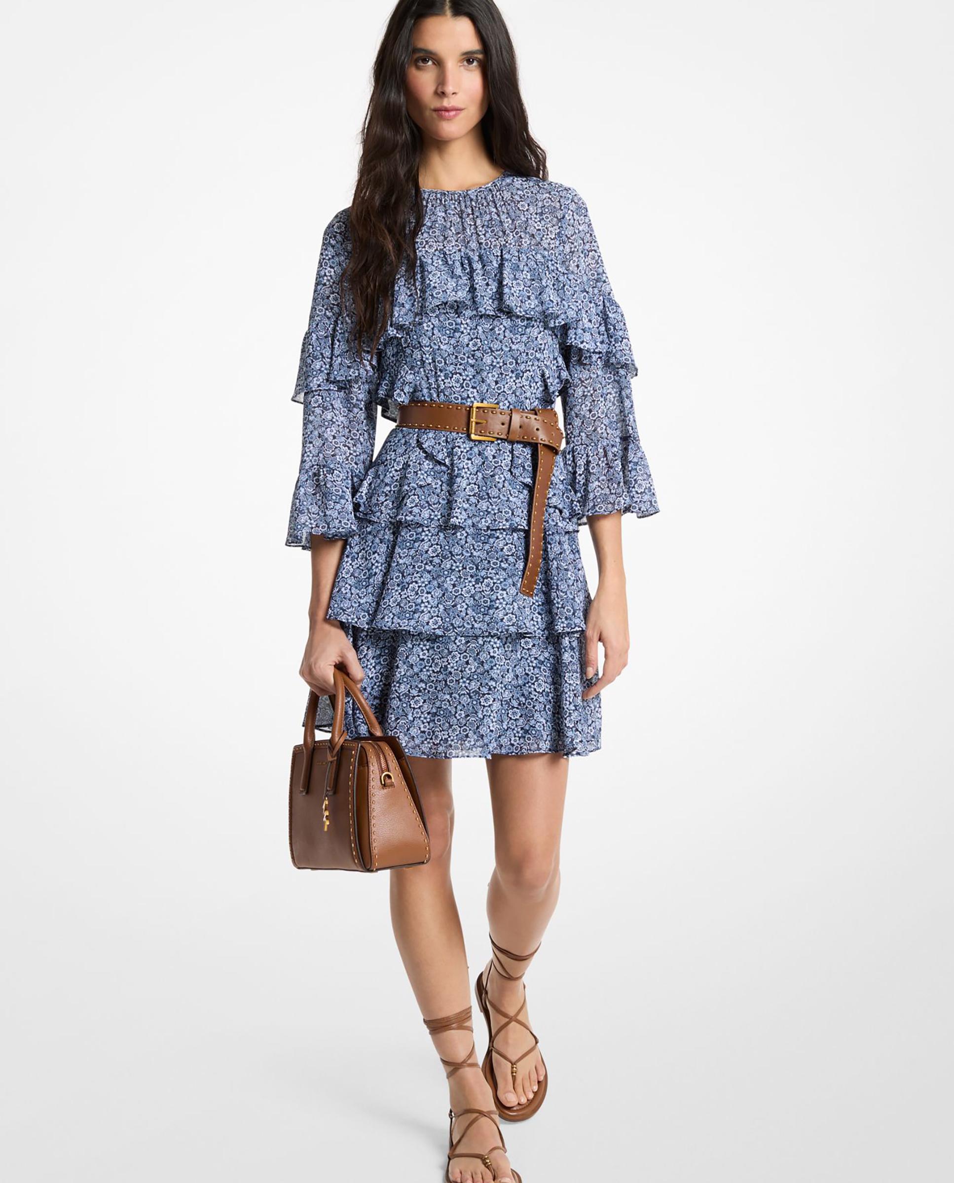 Imagem 0 de Vestido Curto de Georgette com Manga 3/4 e Folhos