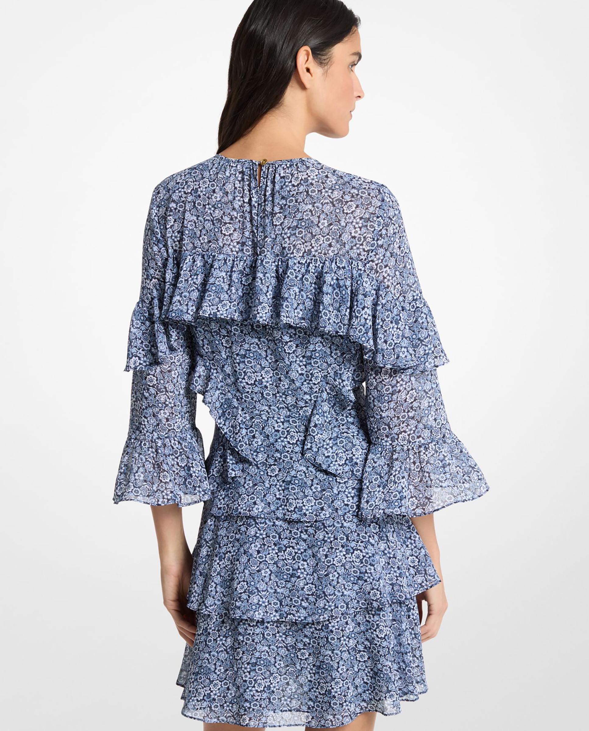 Vestido Curto de Georgette com Manga 3/4 e Folhos Azul-2
