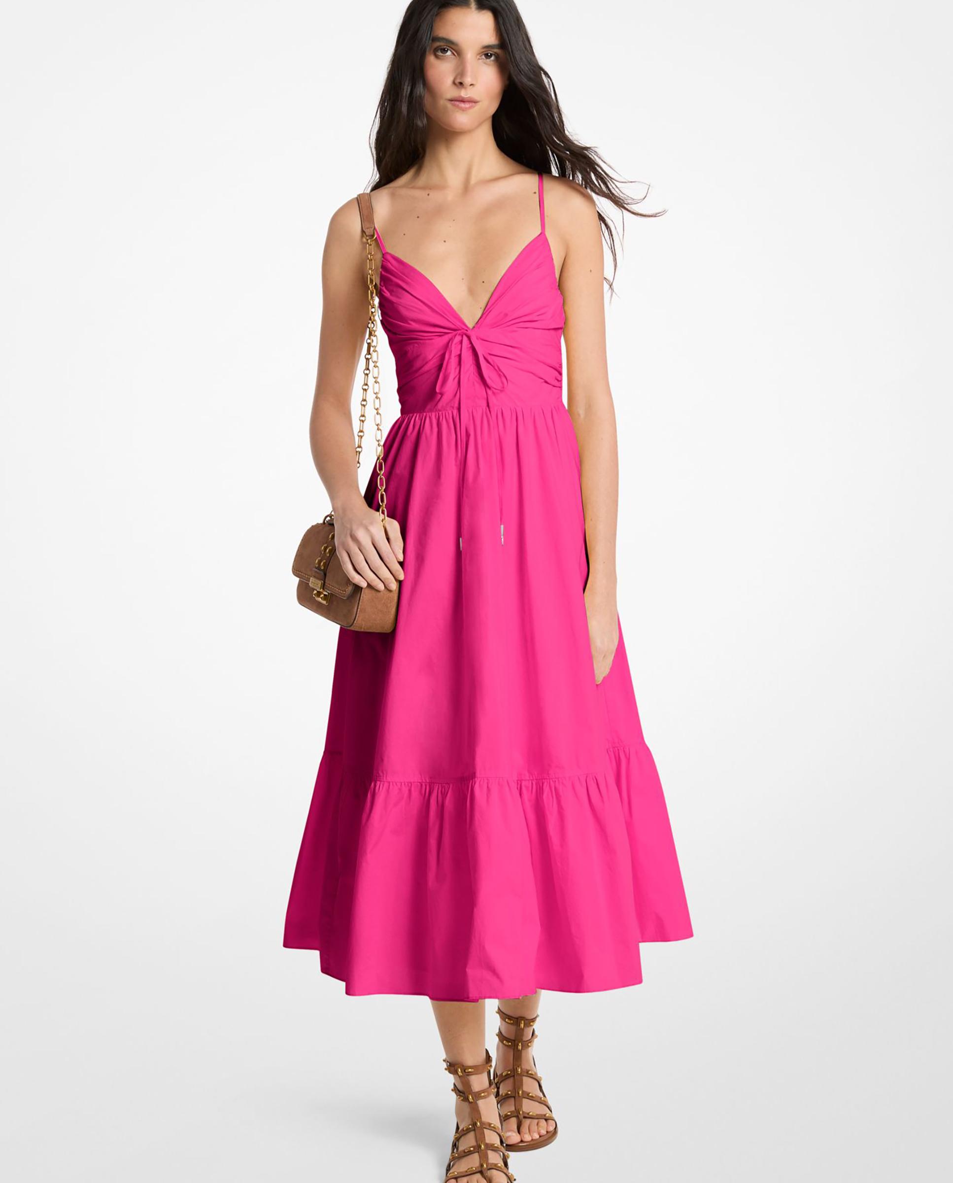 Vestido Midi 100% Popelina de Algodão com Folho Fúcsia-1