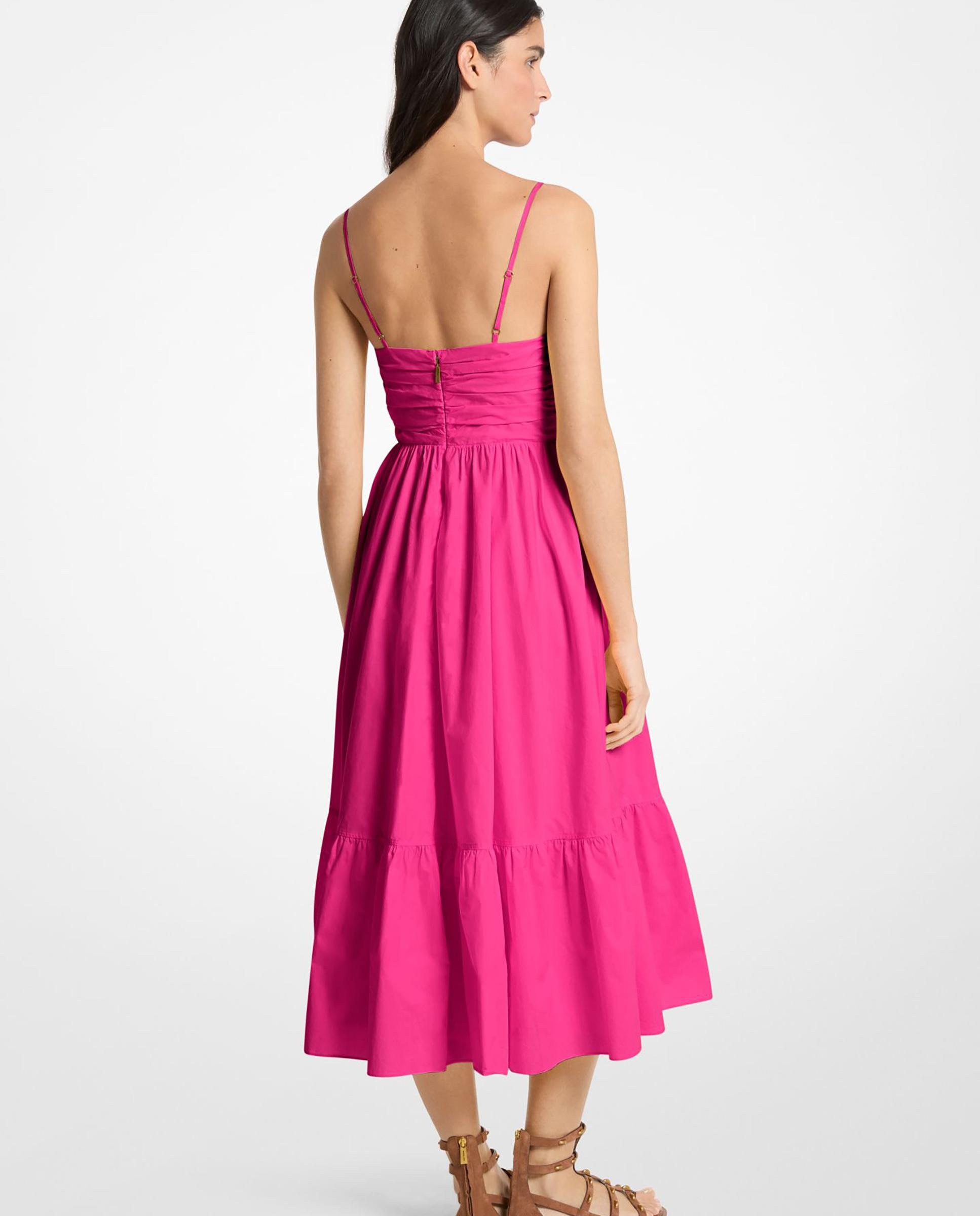 Vestido Midi 100% Popelina de Algodão com Folho Fúcsia-2