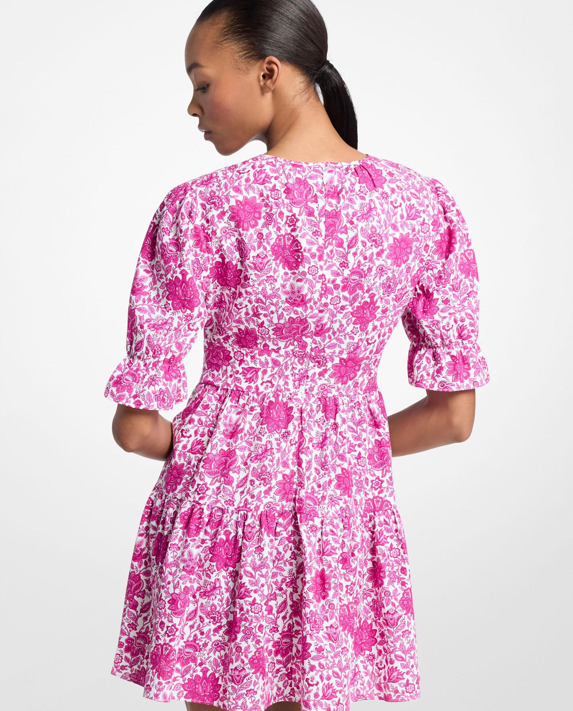 Vestido Curto de Mescla de Linho com Estampado Floral Fúcsia / Branco-2