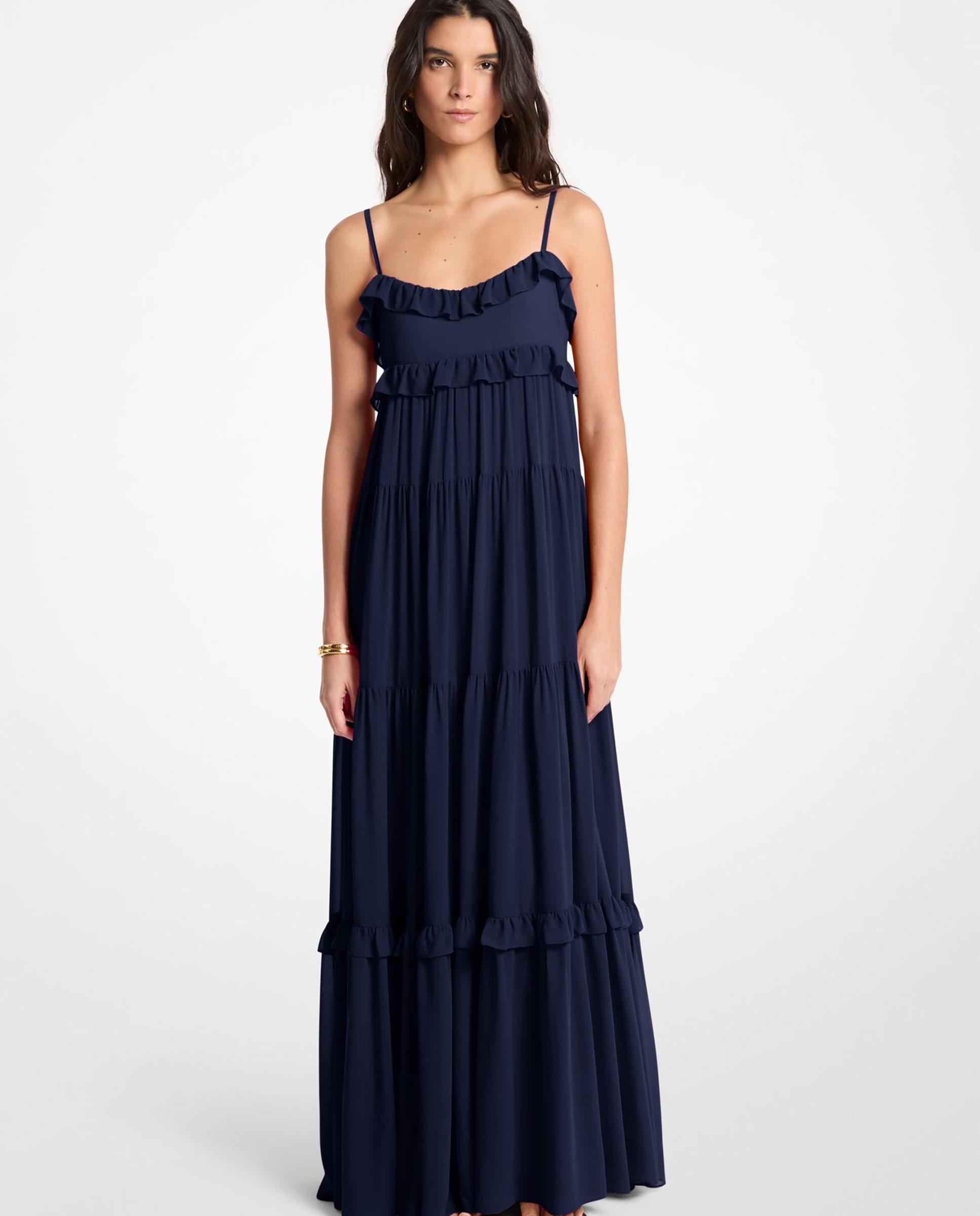 Imagem 0 de Vestido Comprido de Georgette Às Camadas com Folhos