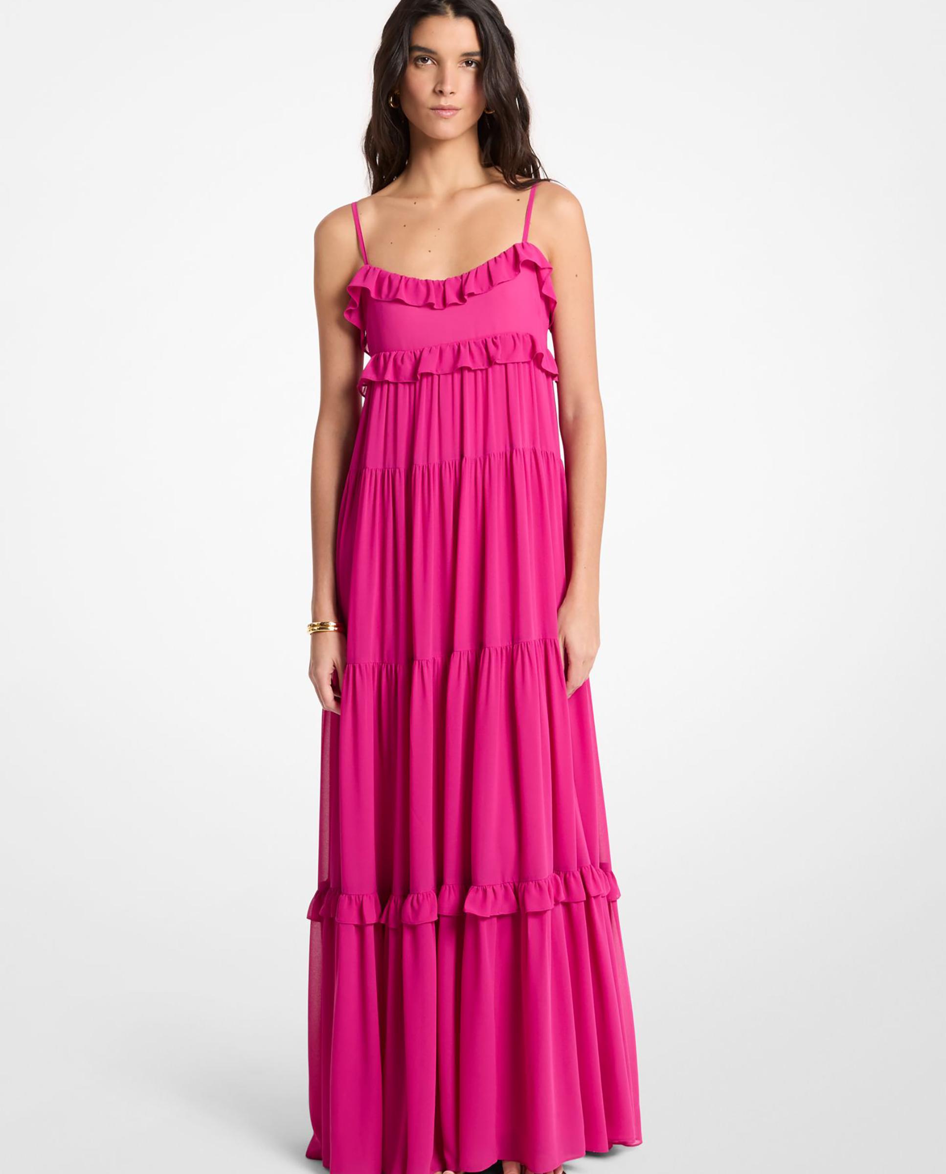 Imagem 0 de Vestido Comprido de Georgette Às Camadas com Folhos