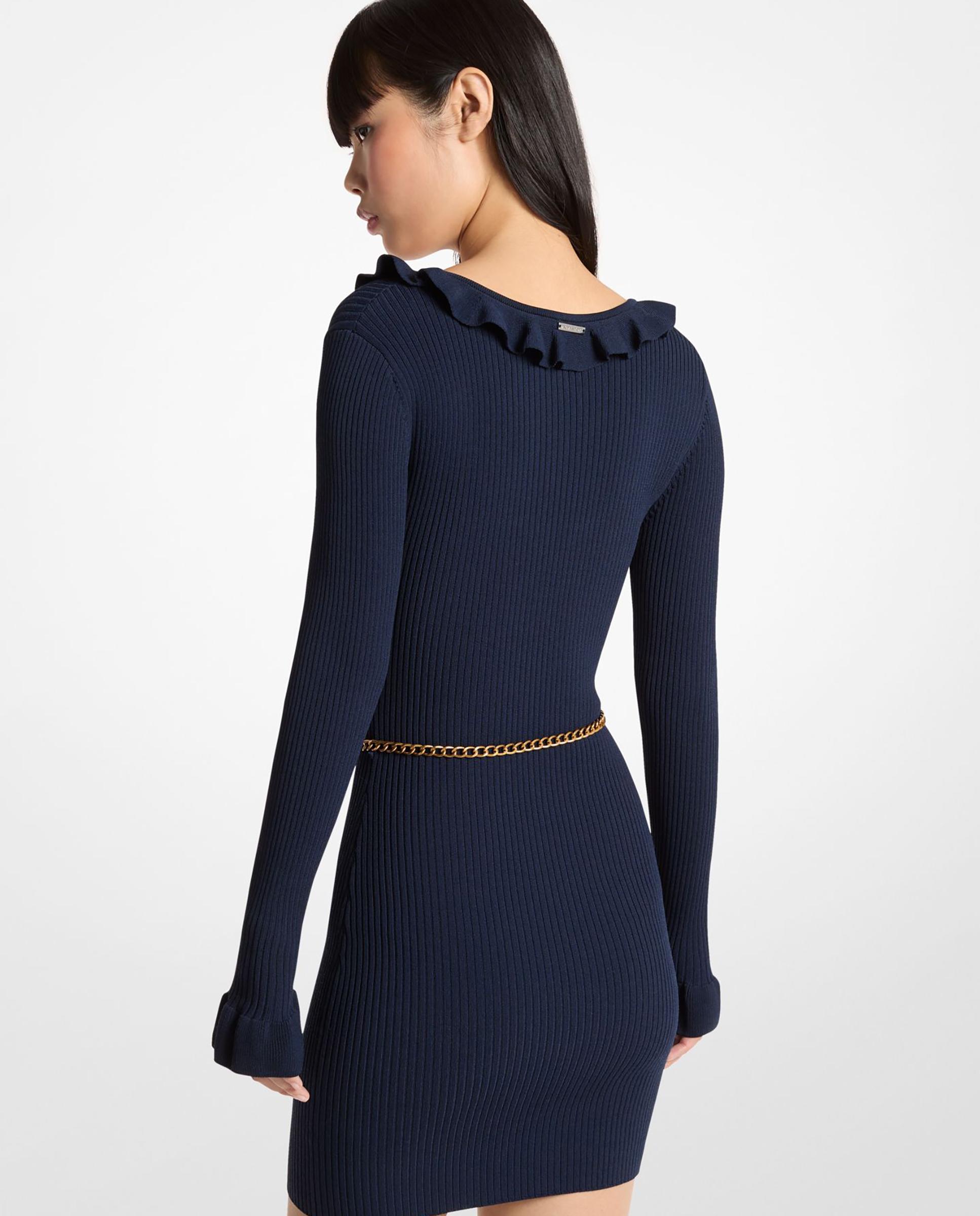 Vestido corto de punto elástico con volante y cinturón Azul-2