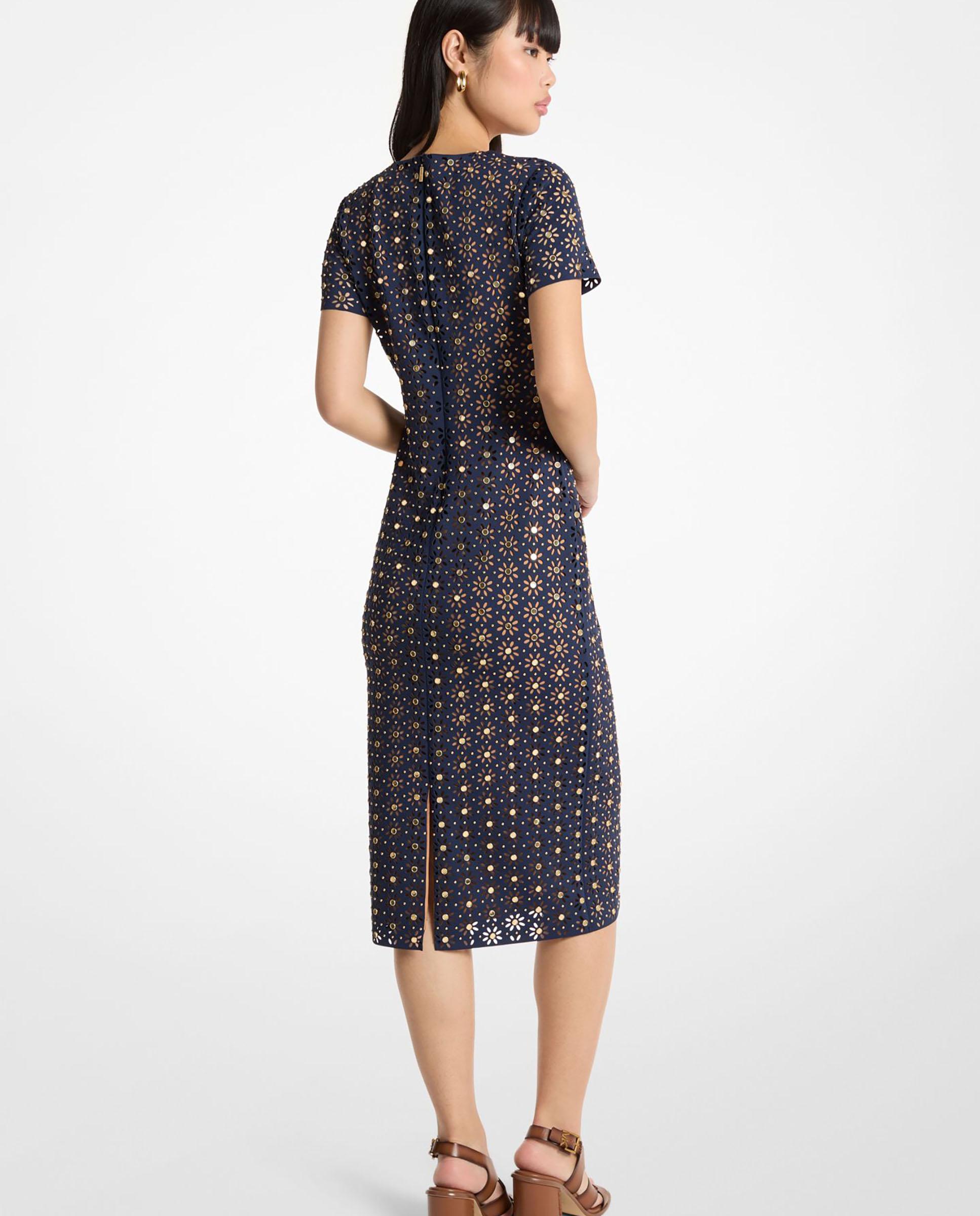 Vestido Midi de Neopreno com Detalhes de Espelho Cortado a Laser Azul-marinho-2