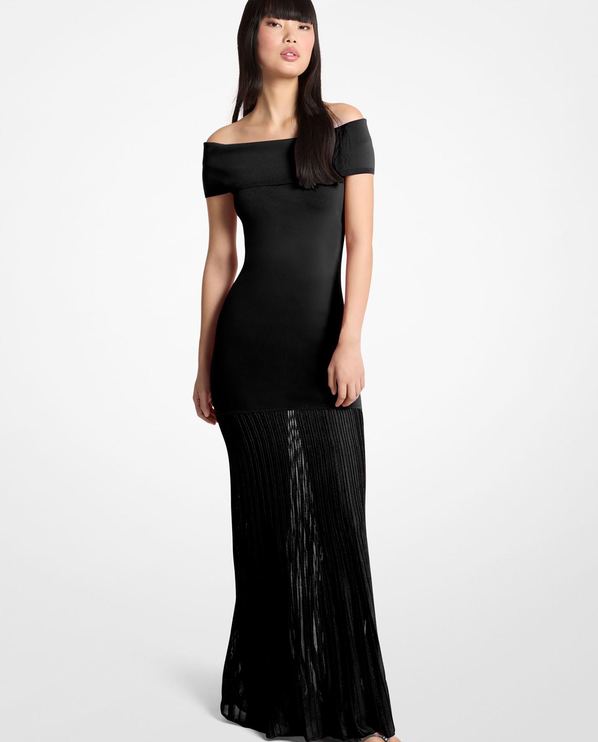 Imagem 0 de Vestido Comprido de Malha Elástica Plissada com Gola À Barco