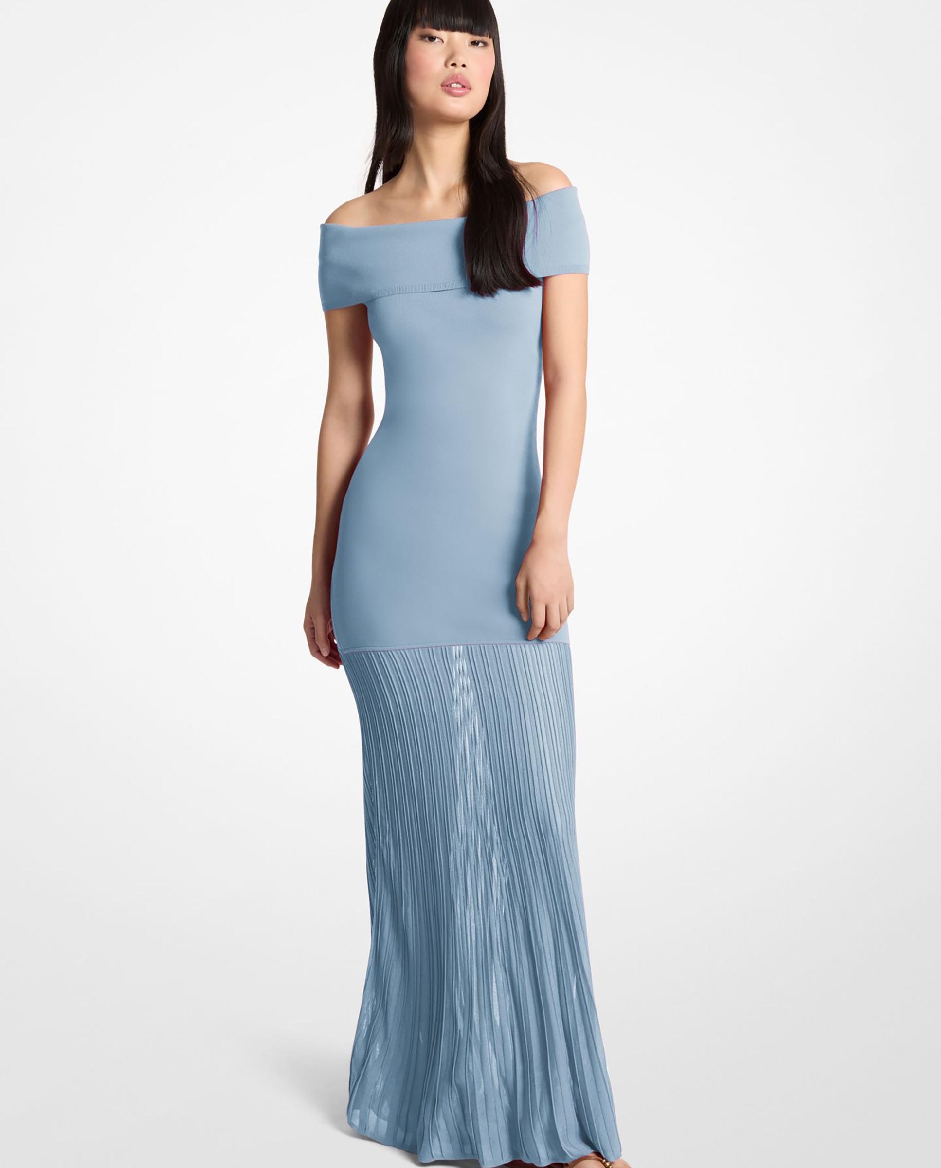 Imagem 0 de Vestido Comprido de Malha Elástica Plissada com Gola À Barco