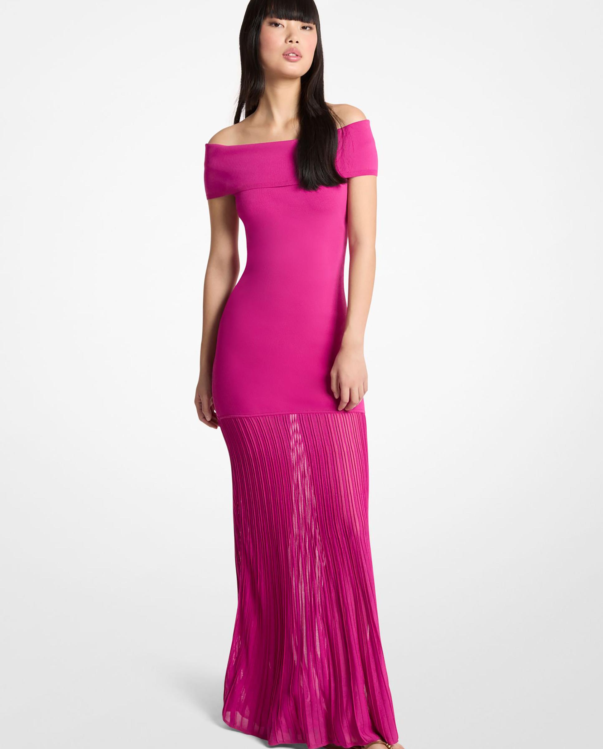 Imagem 0 de Vestido Comprido de Malha Elástica Plissada com Gola À Barco