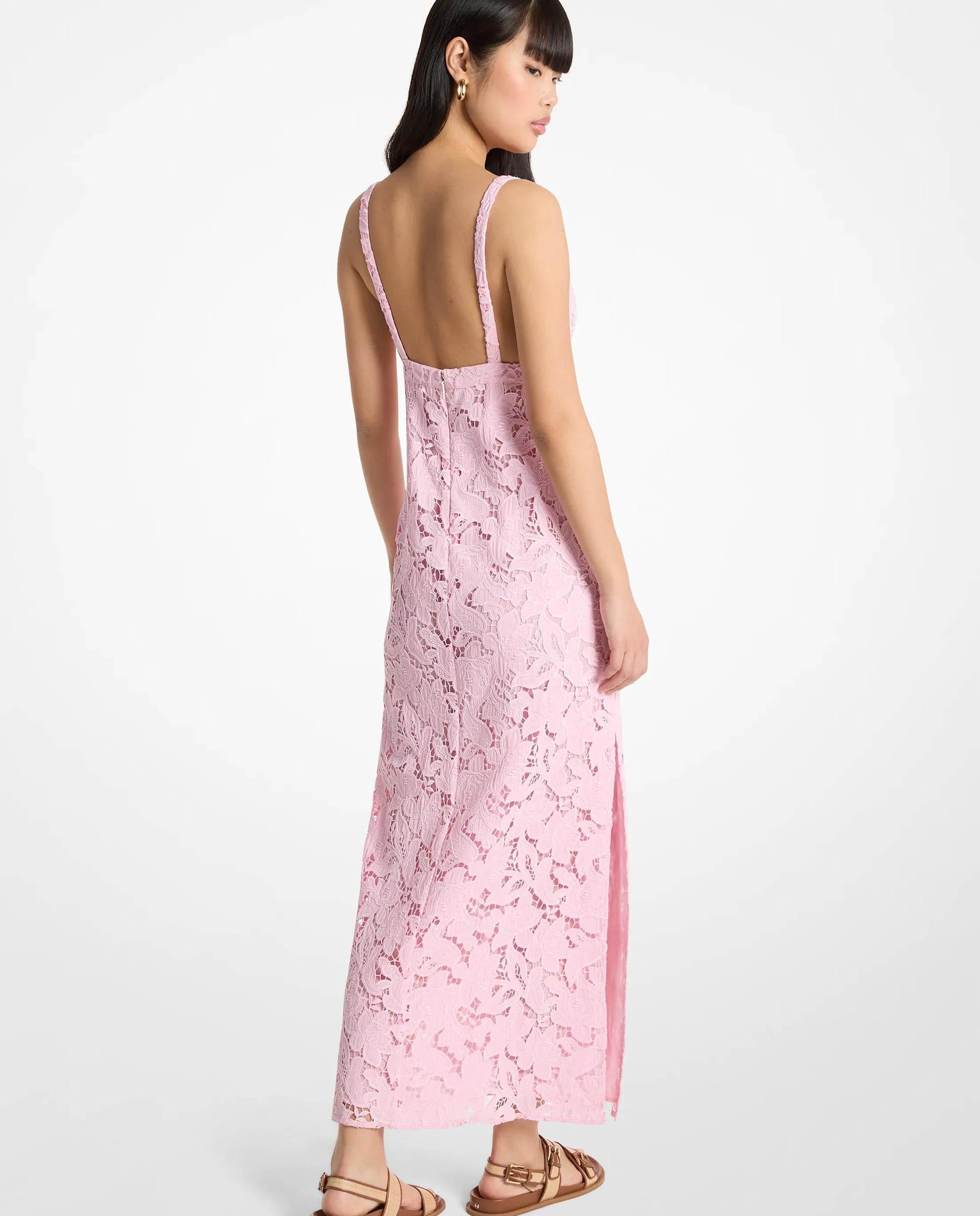 Vestido Comprido de Renda Floral com Decote em V Rosa-claro-2