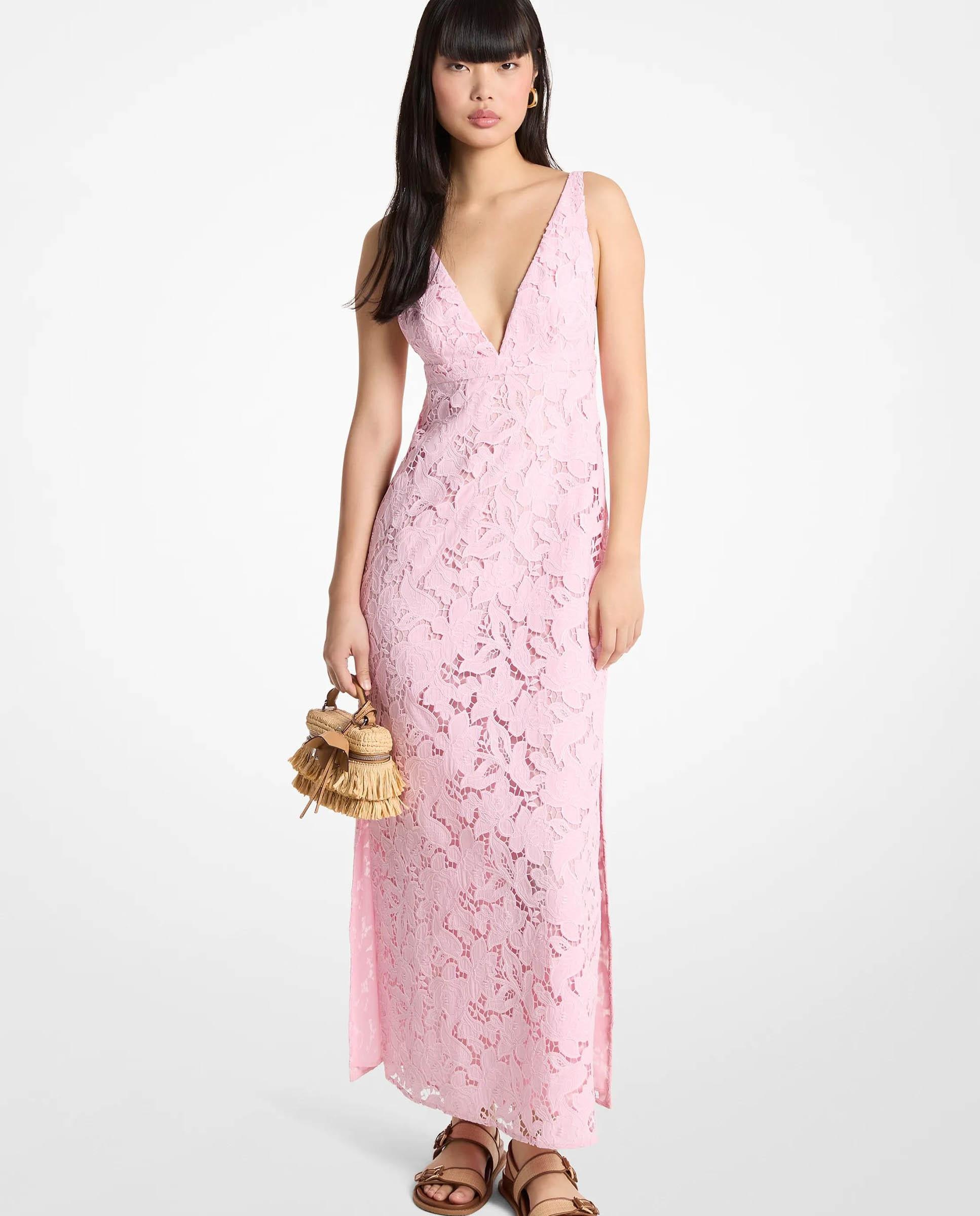 Imagem 0 de Vestido Comprido de Renda Floral com Decote em V