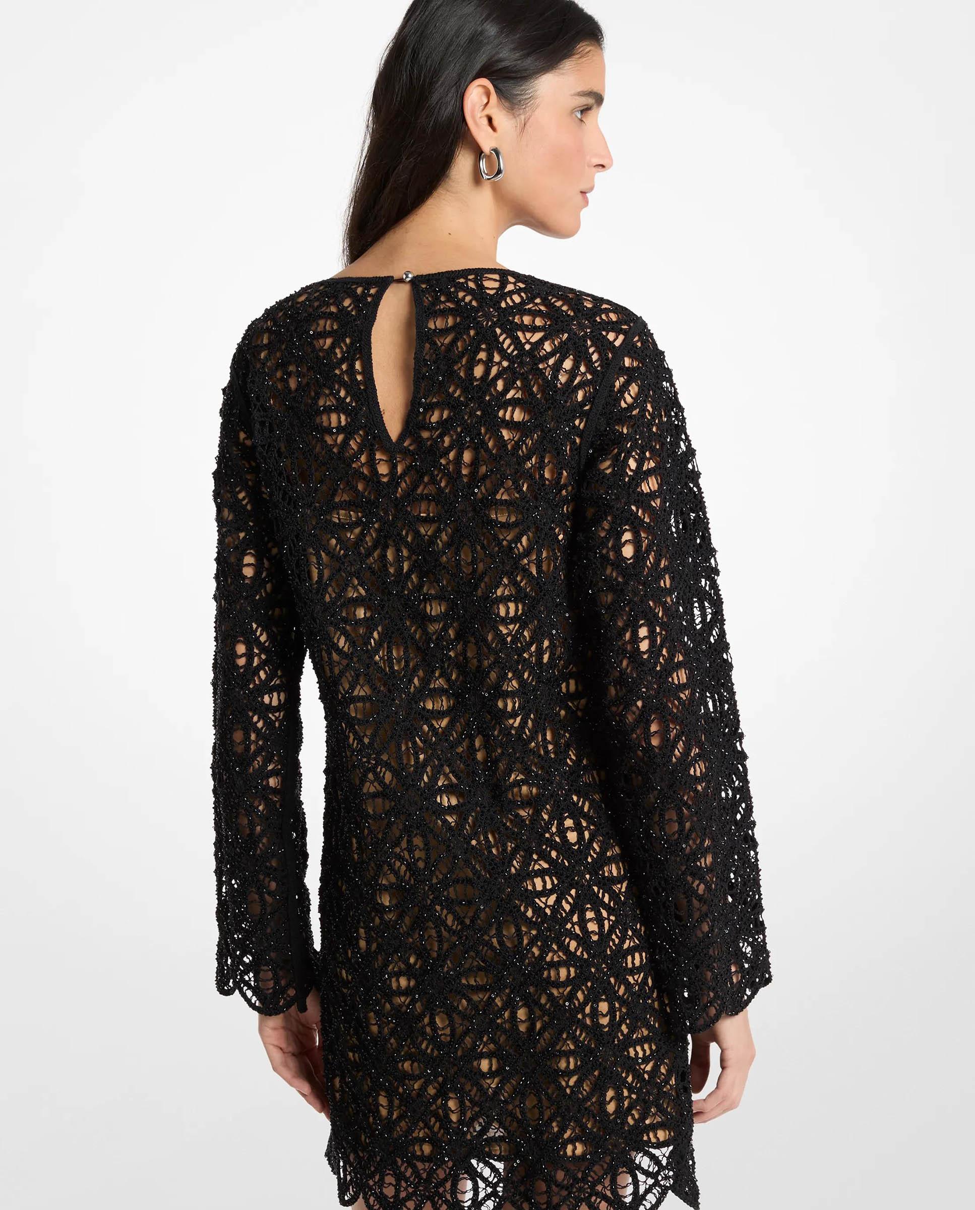Vestido Curto 100% Algodão de Crochet Floral com Contas Preto-2