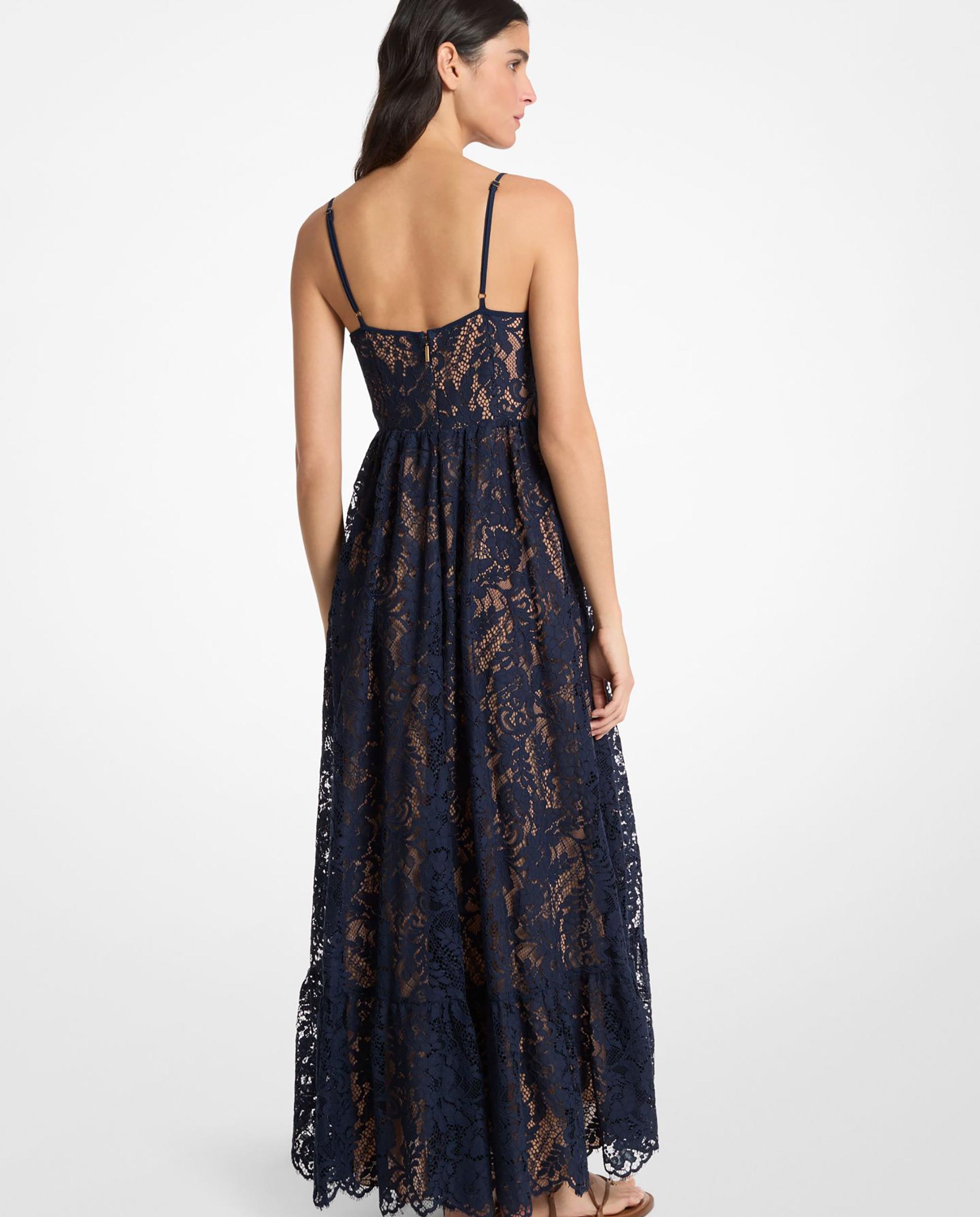 Vestido Comprido de Renda Floral Definido Azul-marinho-2