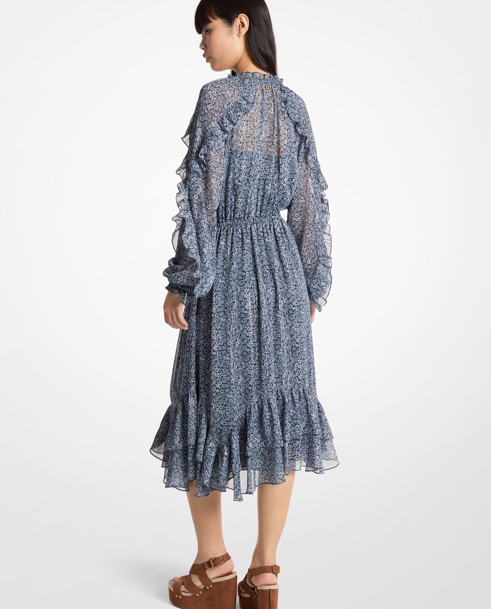 Vestido Midi de Georgette com Estampado Floral e Folhos Azul-marinho-2