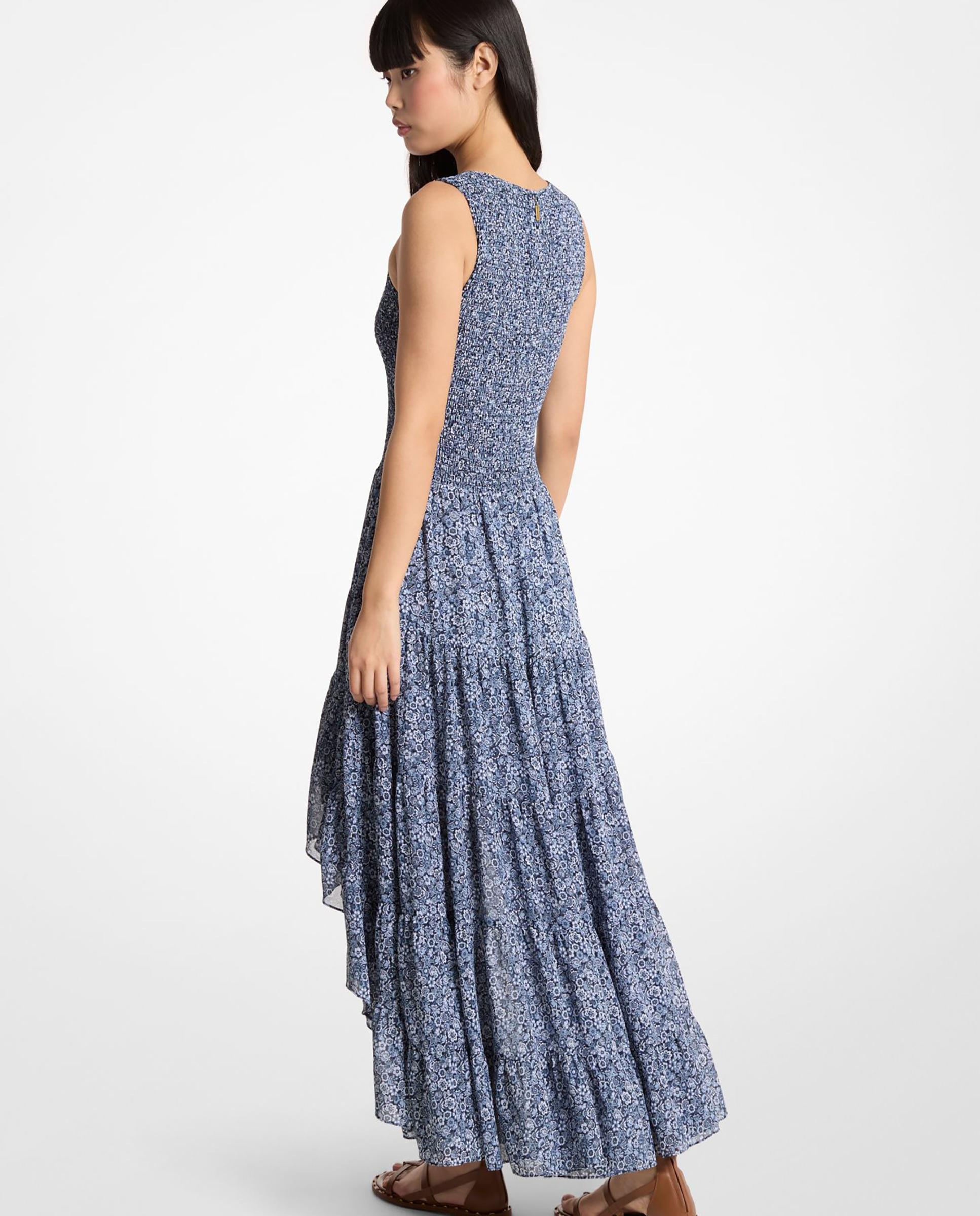 Vestido Curto Franzido de Georgette e Corte Assimétrico Azul / Branco-2